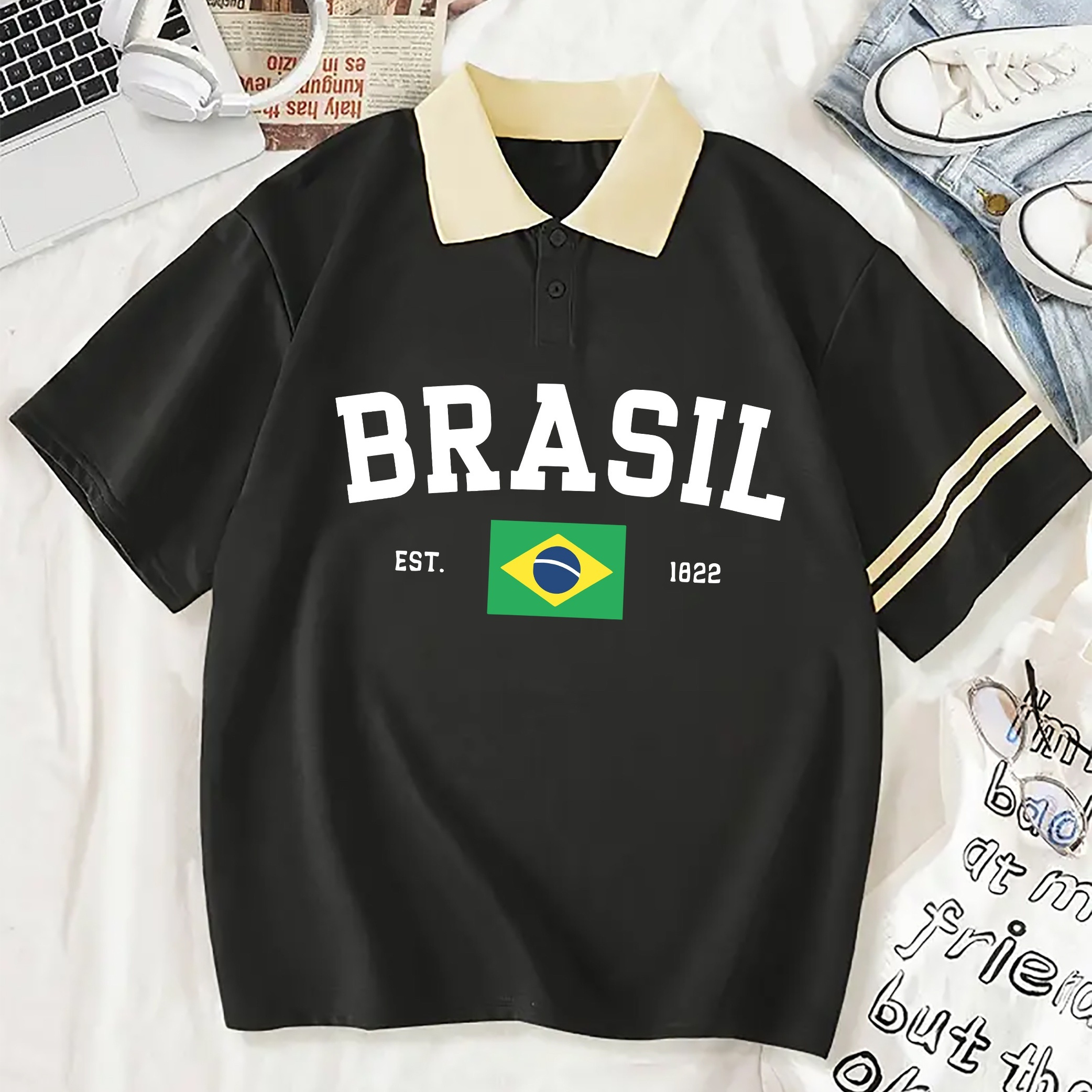 

Brazil Print Loose Polo T-shirt, Casual Short Sleeve Collared Sporty Top For Summer & Spring, Women's Clothing