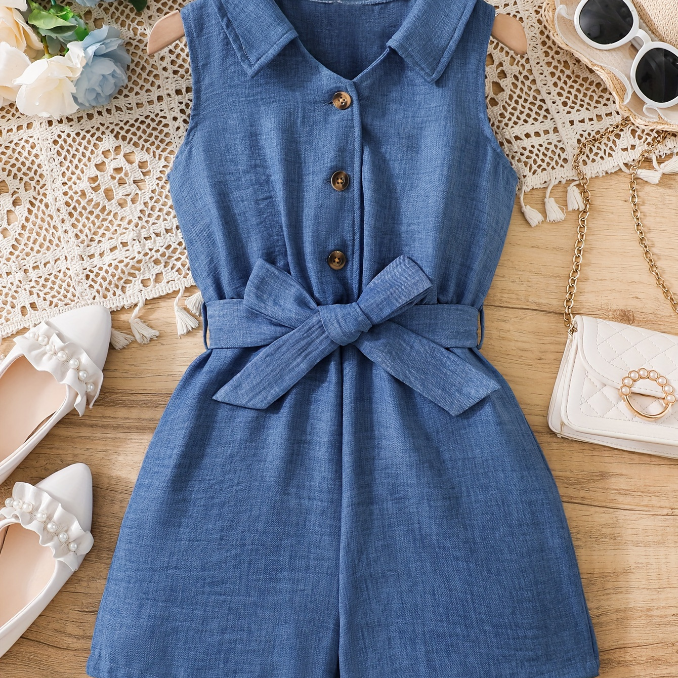 

Girls Stylish & Casual Solid Colored Lapel Collar Button Up Belted Romper For Spring & Summer