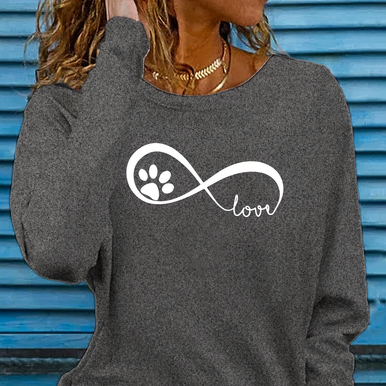 

Women's Long Sleeve T-shirt With Paw Print And Infinity Symbol - Casual Polyester Knit Fabric, Geometric Pattern, Round Neck, Regular Fit, All-season Wear