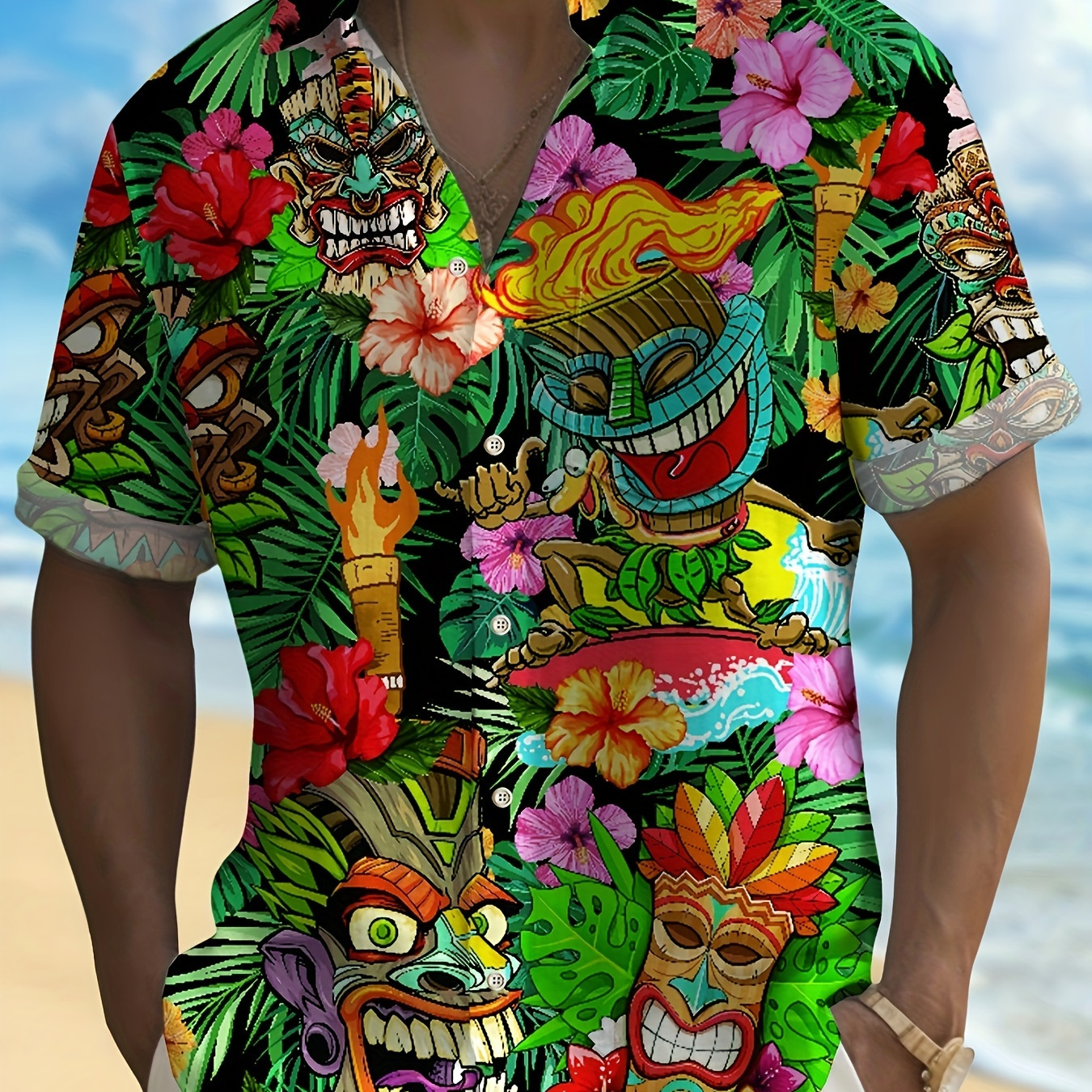

Hawaiian Tropical Plant Pattern Men's Short Sleeve Button Down Shirt, Summer Vacation Men's Lapel Shirt