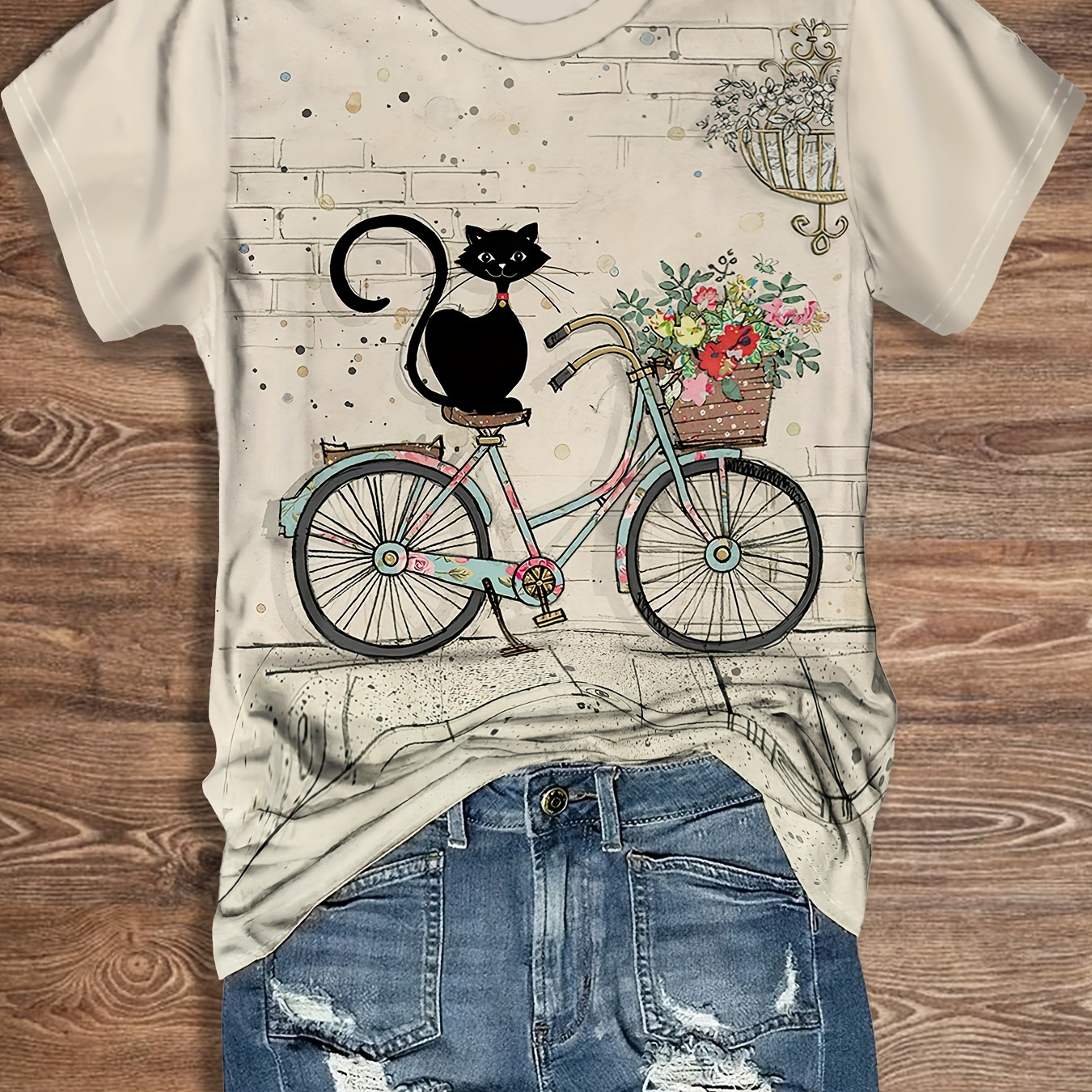 

Cat & Bicycle Print T-shirt, Casual Crew Neck Short Sleeve Top For Spring & Summer, Women's Clothing