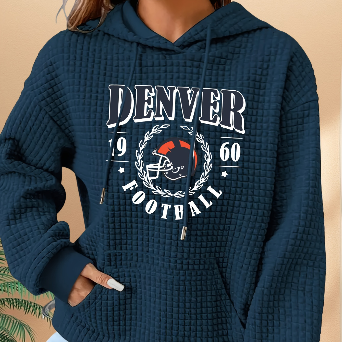 

Football Hoodie For Women, Casual Polyester Pullover With Waffle Knit, Long Sleeve, Crew Neck, Autumn/, Sporty , Ladies' Fashion Sweatshirt