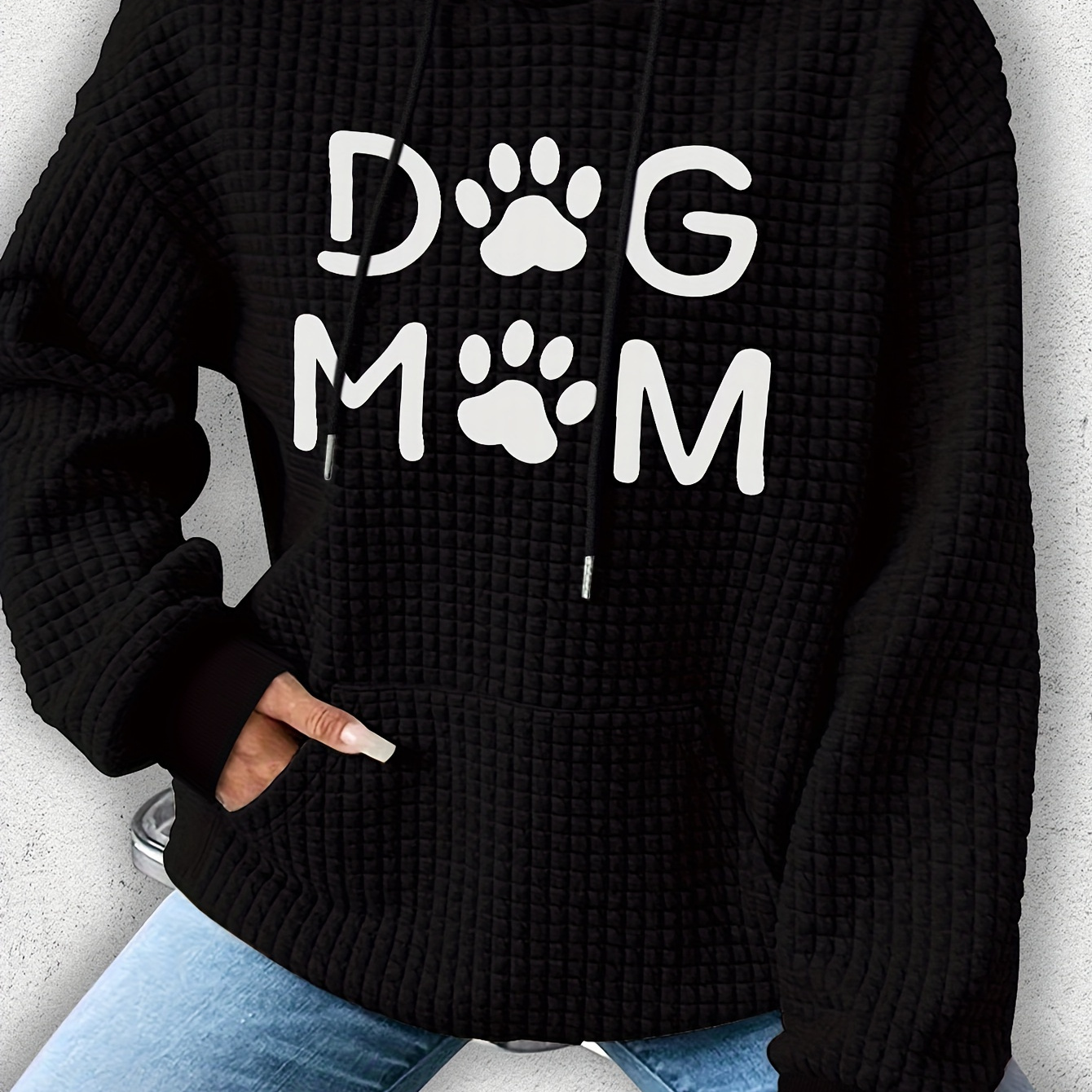 

Dog Mom Print Waffle Hoodie, Drawstring Casual Hooded Sweatshirt For Winter & Fall, Women's Clothing