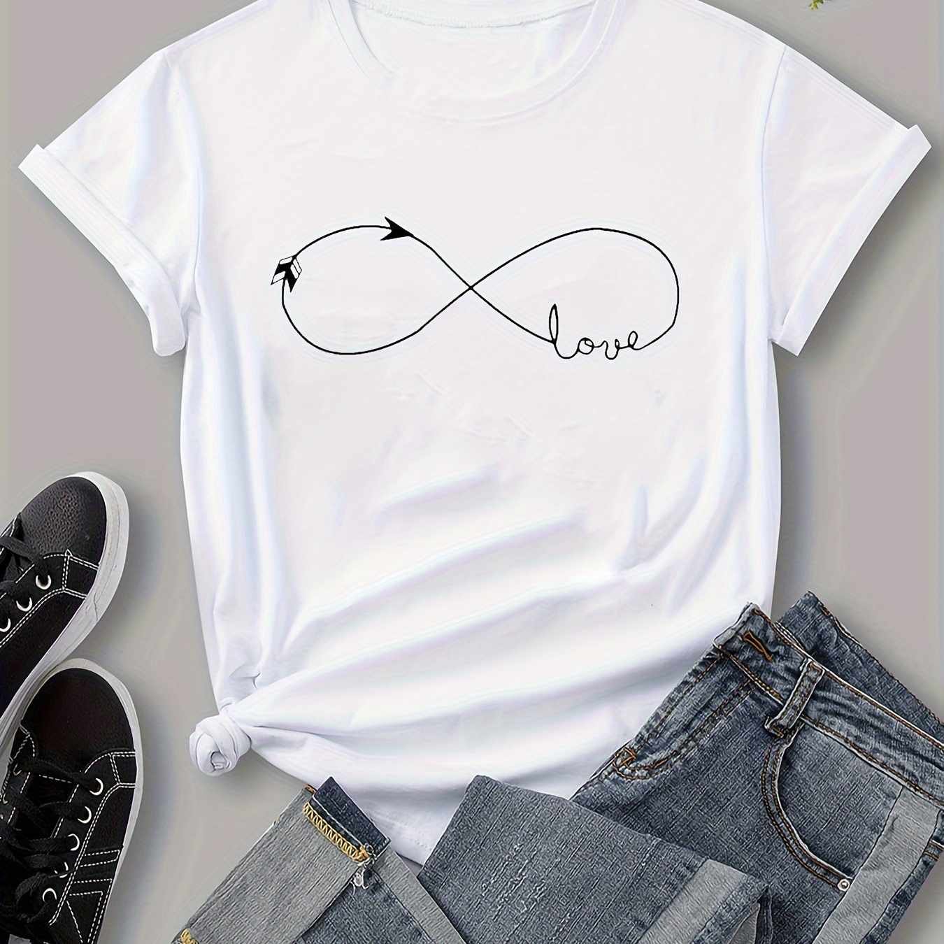 

Love & Geo Print Casual T-shirt, Crew Neck Short Sleeve Top For Spring & Summer, Women's Clothing