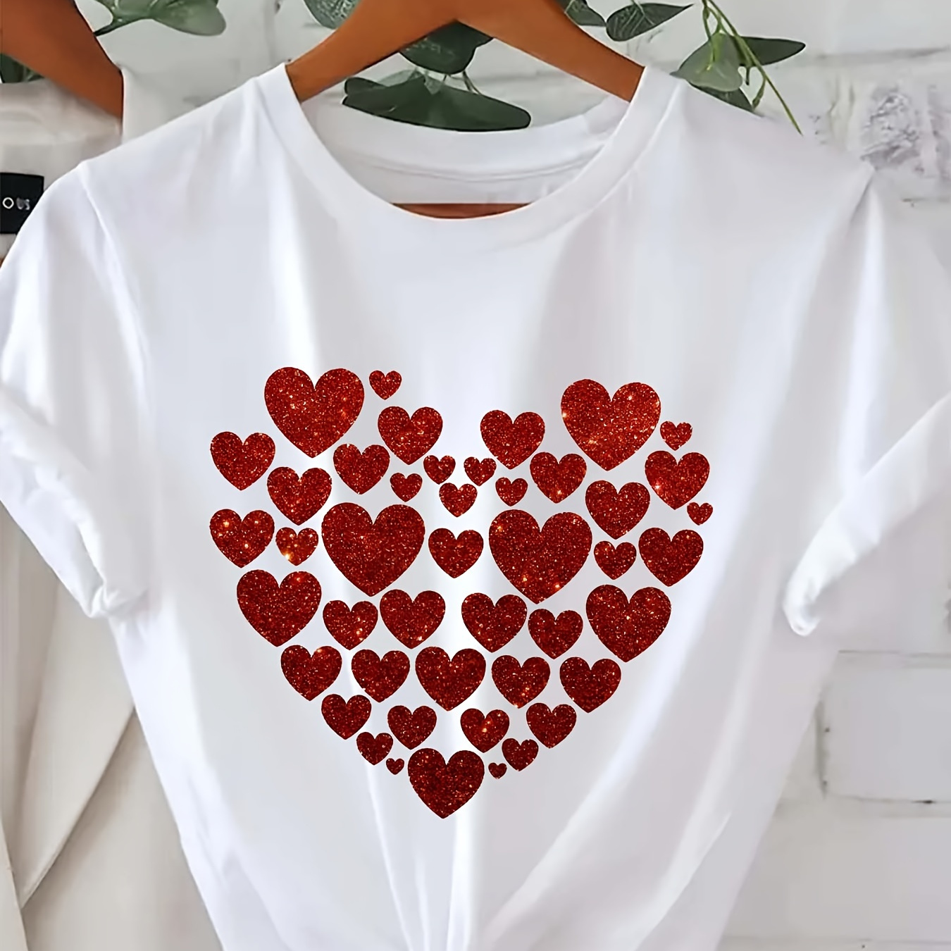 

Plus Size Sparkling Red Heart T-shirt For Women, Casual Crew Neck, Polyester Knit Top With Stretch, For All