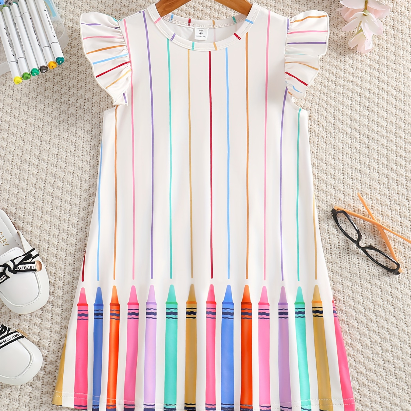 

Colorful Crayons Striped Dress For Girls, Flying Sleeve Cute Straight Dress For School Summer