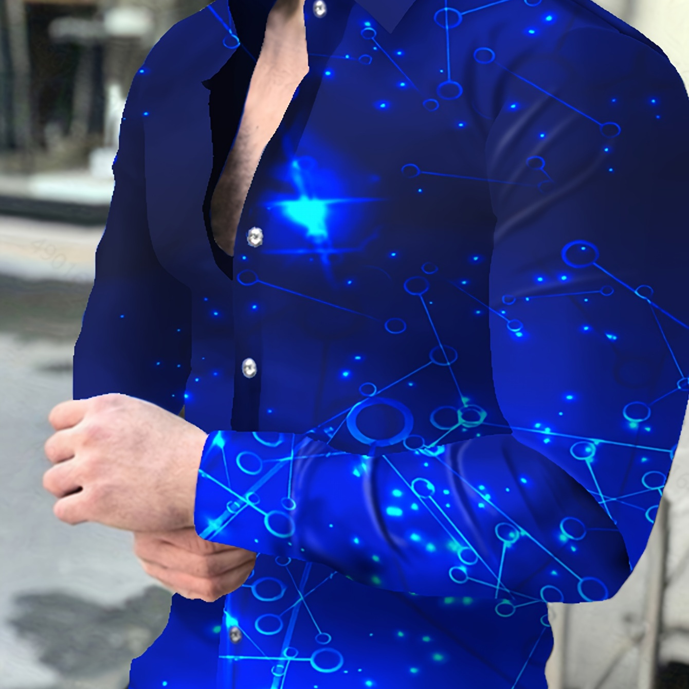 

Constellation Pattern Men's Chic Long Sleeve Button Up Shirt For Spring Fall, Special Gift For Men