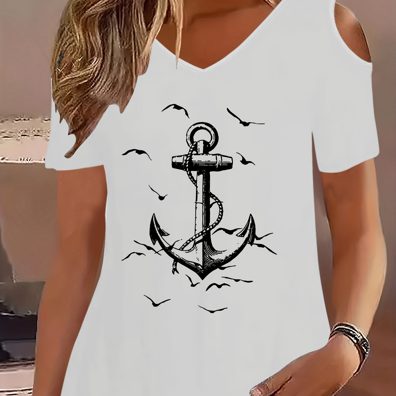 

Anchor Print T-shirt, Short Sleeve V Neck Casual Top For Summer & Spring, Women's Clothing