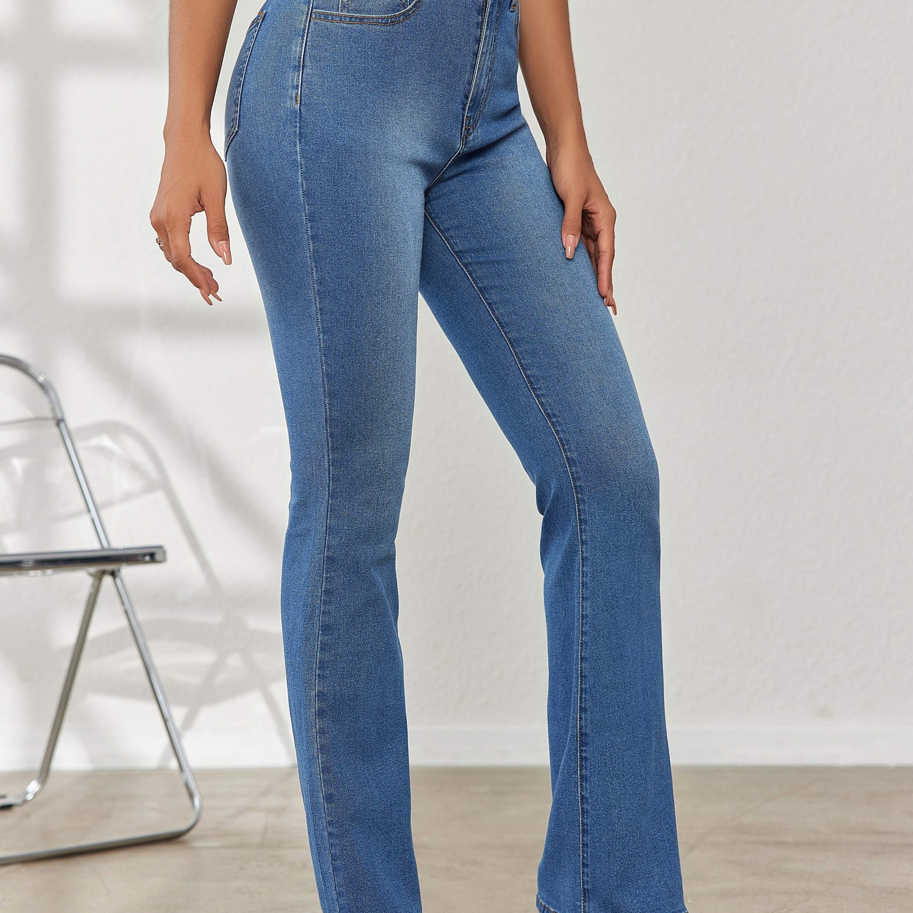 

Jean bootcut bleu à haute élasticité, pantalon en denim décontracté à poches en biais lavées, jeans en denim et vêtements pour femmes