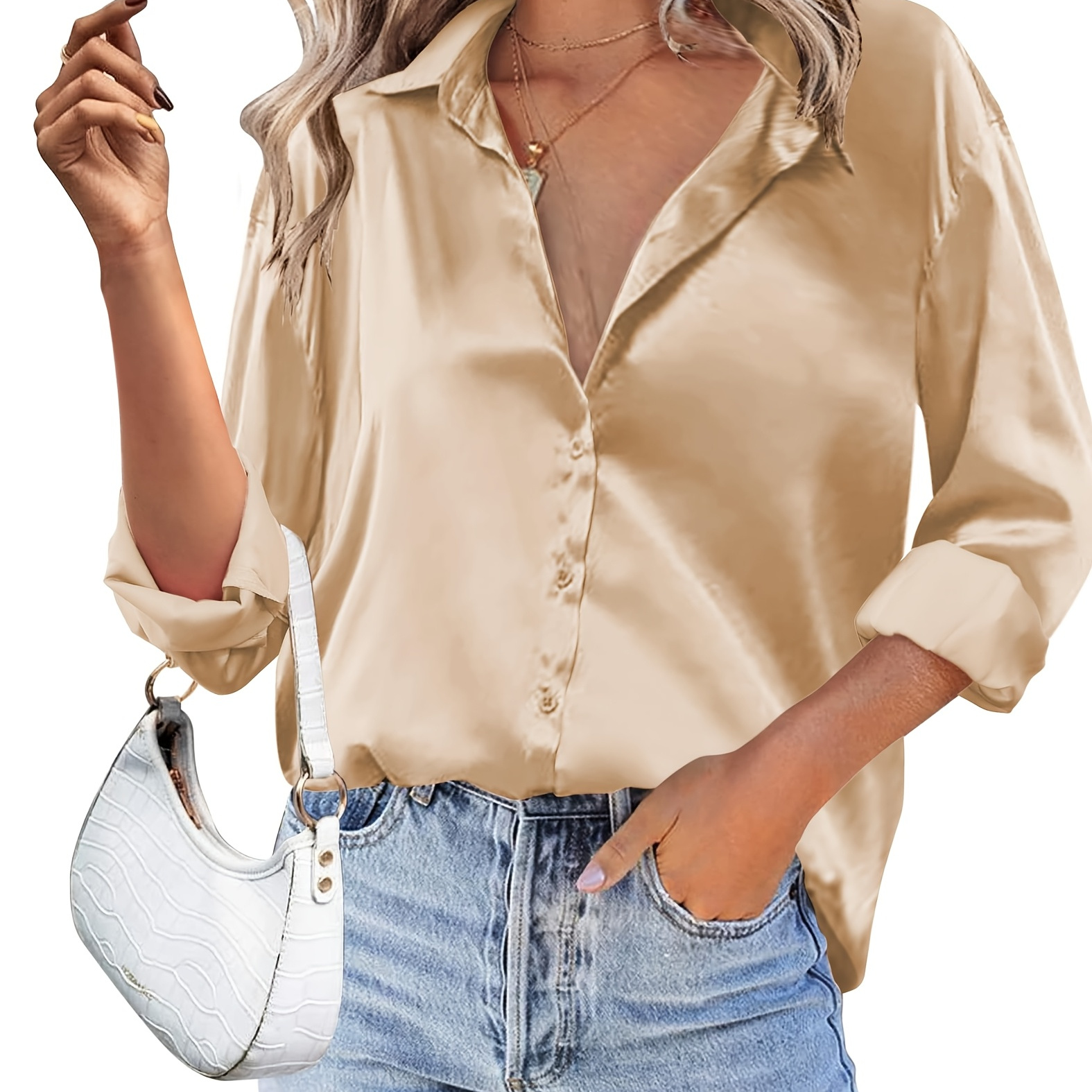 

Satin Shirt, Women's Sexy V-neck Long Sleeved Shirt, Spring And Autumn New European Loose Casual Black Top