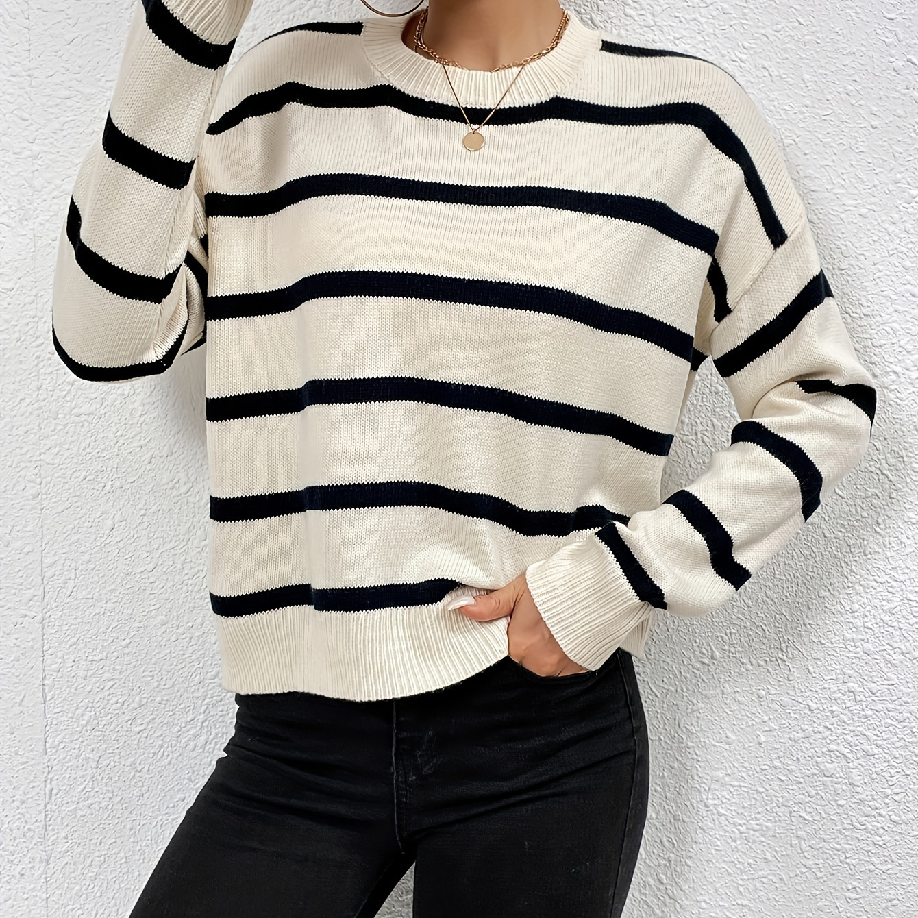 

Drop Shoulder Striped Knit Sweater, Casual Crew Neck Long Sleeve Sweater, Women's Clothing