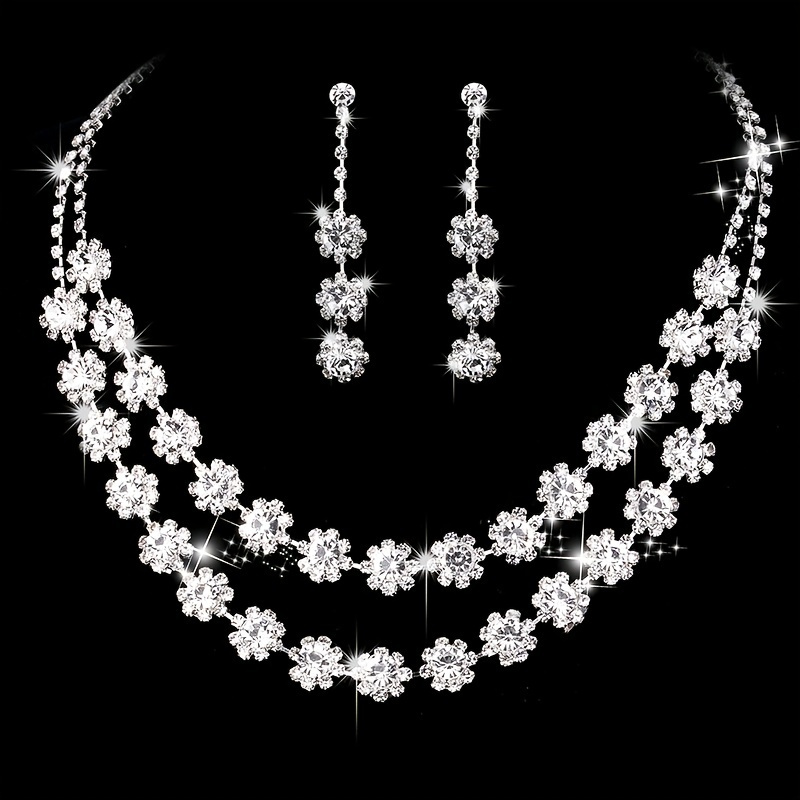 

Flower Rhinestones Jewelry Set With Choker Necklace & Drop Earrings/ Chain Bracelet Elegant Wedding Accessories