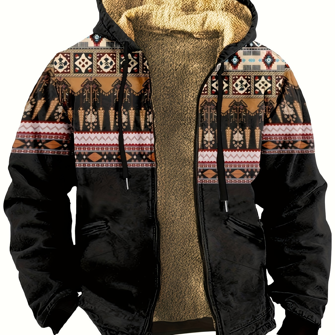 Plus Size Men's Ethnic Style Jacket Fleece Warm Hooded Jacket For Fall Winter, Men's Clothing