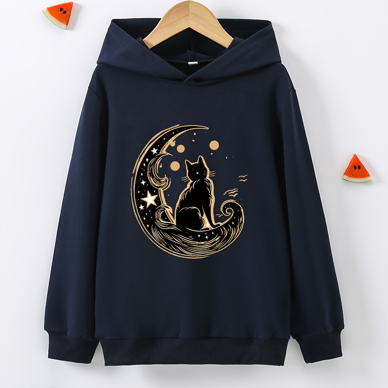 

Moon & Cat Graphic Print Girl's Stay Stylish And Cozy Sweatshirt, Casual Long Sleeve Hooded Sweatshirt Tops