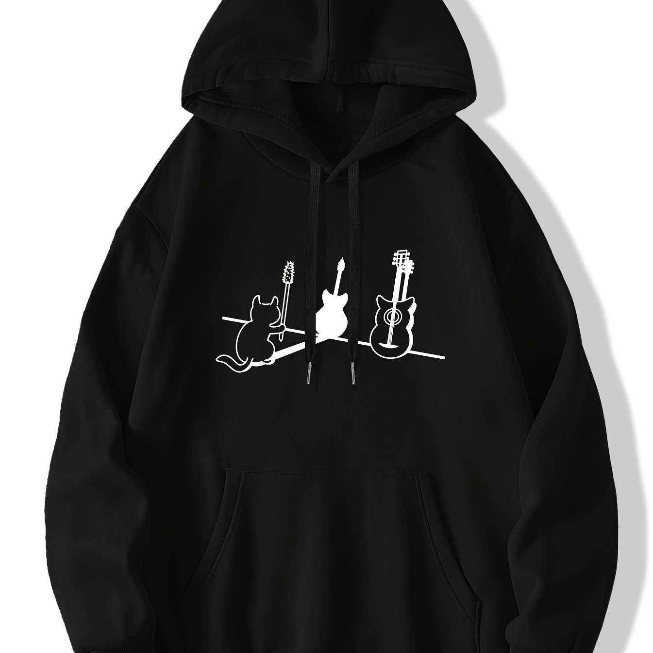 

Black And White Cat With Guitars Print Sweatshirt, Creative Graphic Design Hoodies For Men, Men's Slightly Flex Hooded Streetwear Pullover, For All Seasons, As Gifts