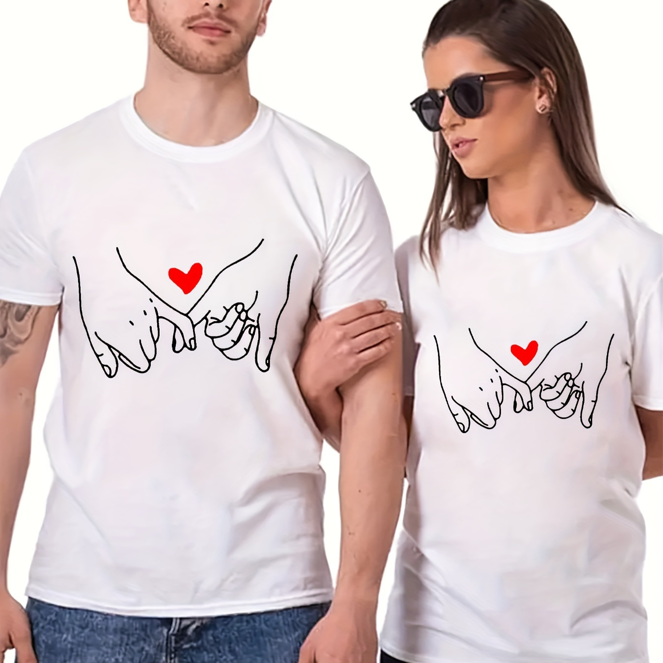 

Valentine's Day Couple Love Heart Print Men's Crew Neck Short Sleeve Cotton T-shirt, Casual Summer T-shirt For Daily Wear And Vacation Resorts