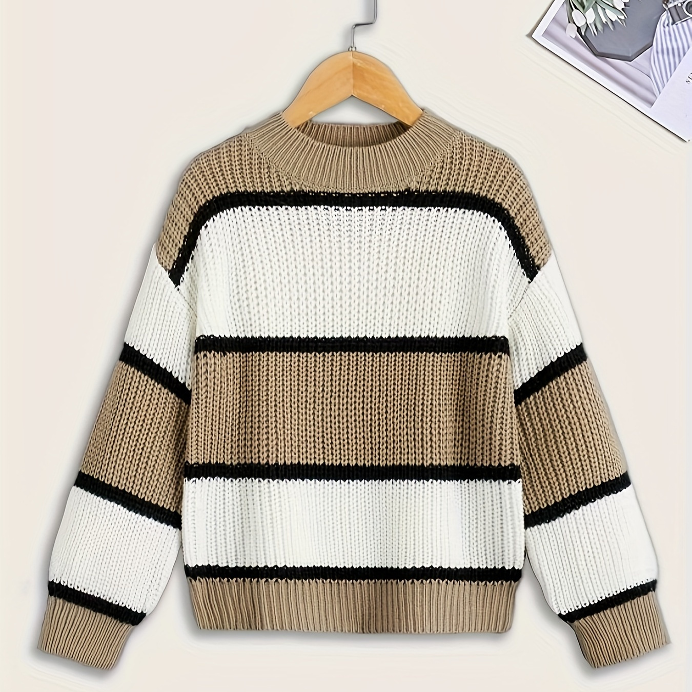 

Girls Striped Color Block Drop Shoulder Sweater, Kids Knit Jumper Tops