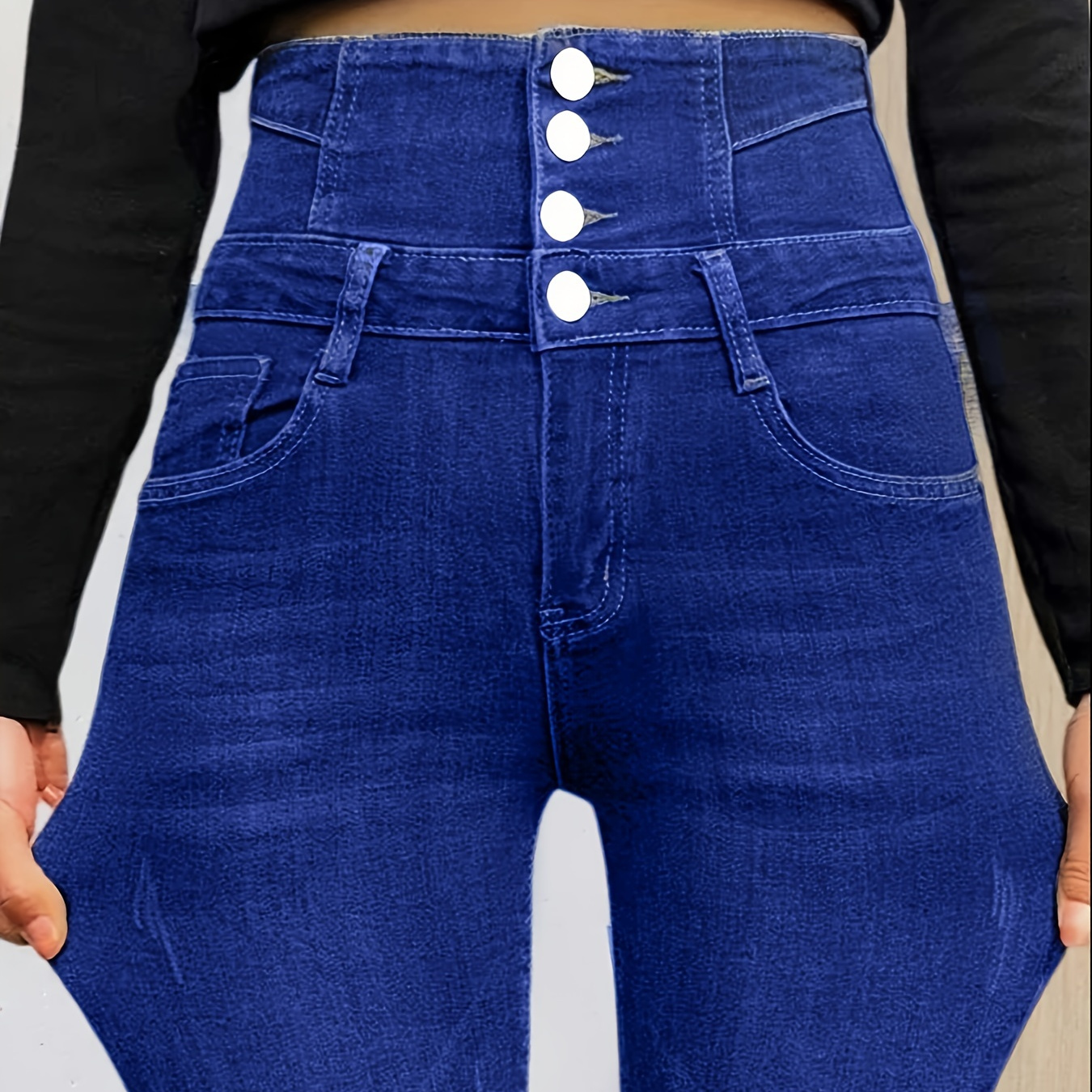 

Jean skinny taille haute grande taille avec détail bouton simple boutonnage, pantalon en denim décontracté, coupe stretch, pantalon en jean bleu pour femme