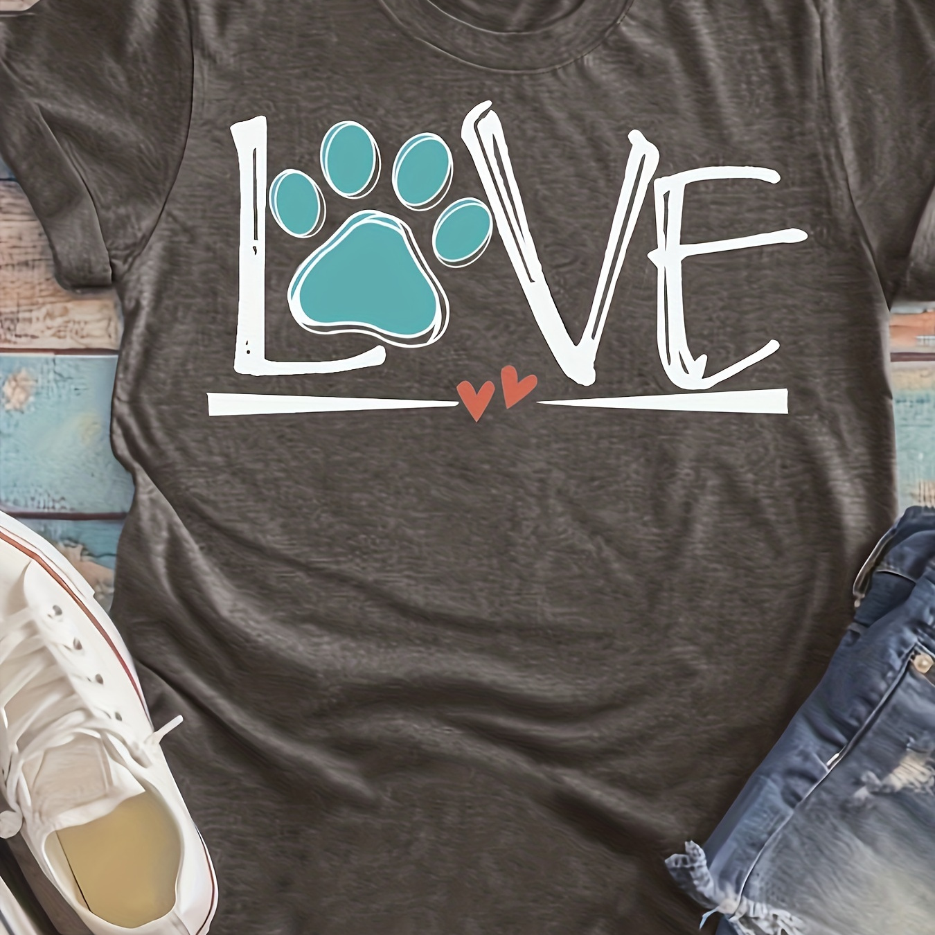 

Dog Love Print Crew Neck T-shirt, Casual Loose Short Sleeve Summer T-shirts Tops, Women's Clothing