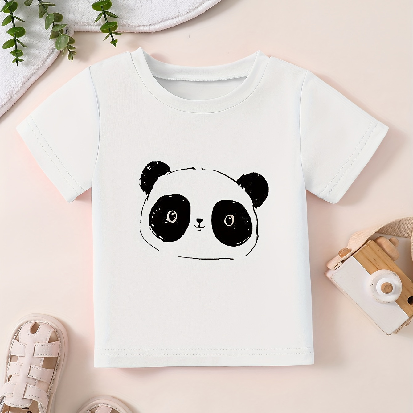 

Girl's Cotton Cartoon Panda Pattern Shirt, Casual Breathable Comfy Short Sleeve Crew Neck Tee Top For Summer