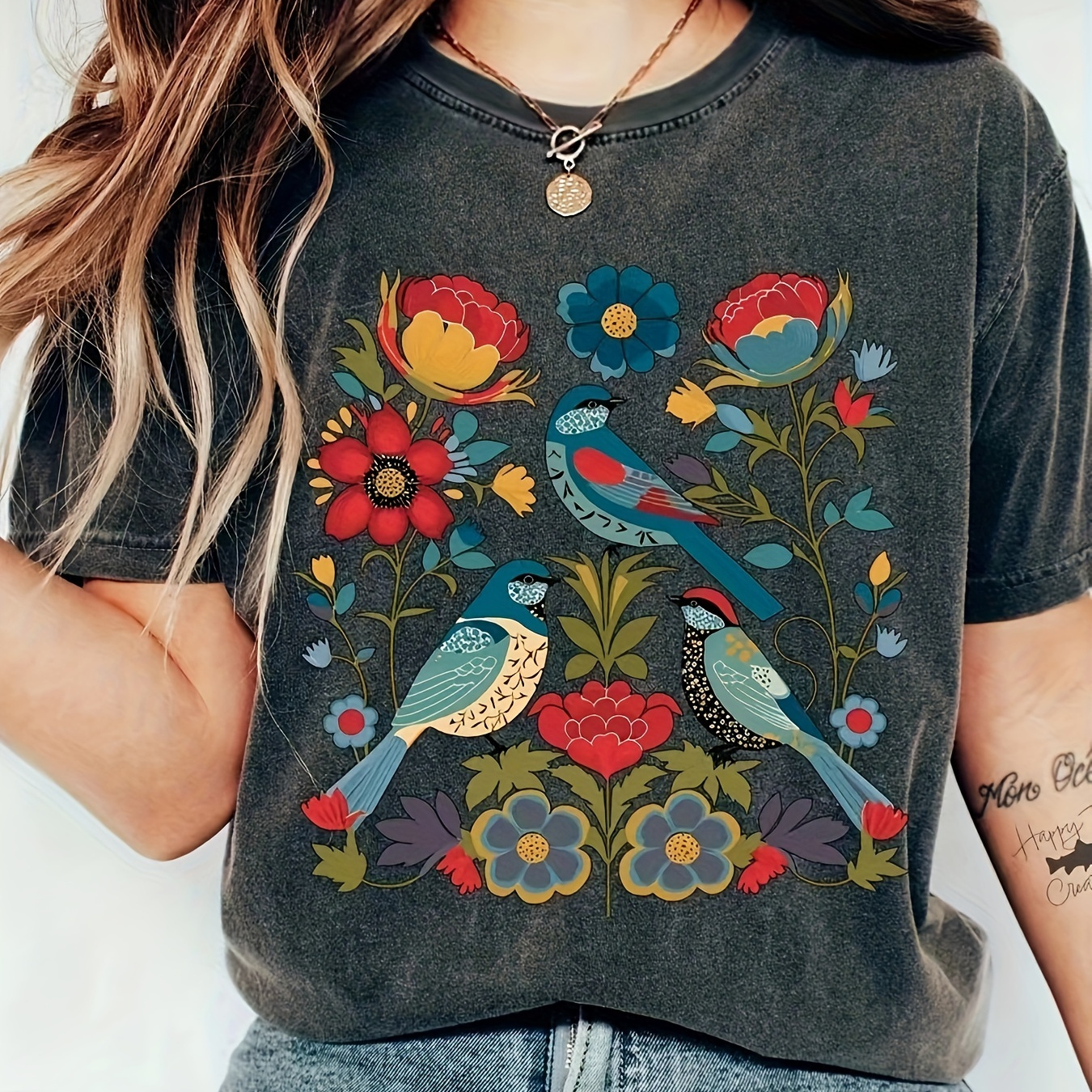 

Floral & Bird Print T-shirt, Short Sleeve Crew Neck Leisure T-shirt For Spring & Summer, Women's Clothing