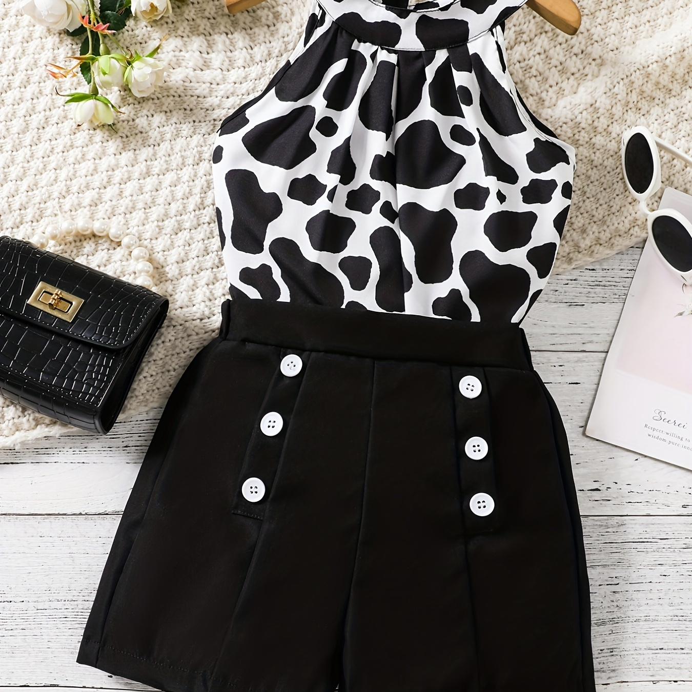 

2pcs Toddler Girls Cow Graphic Halter Top & Double Breasted Shorts Set Kids Summer Clothes