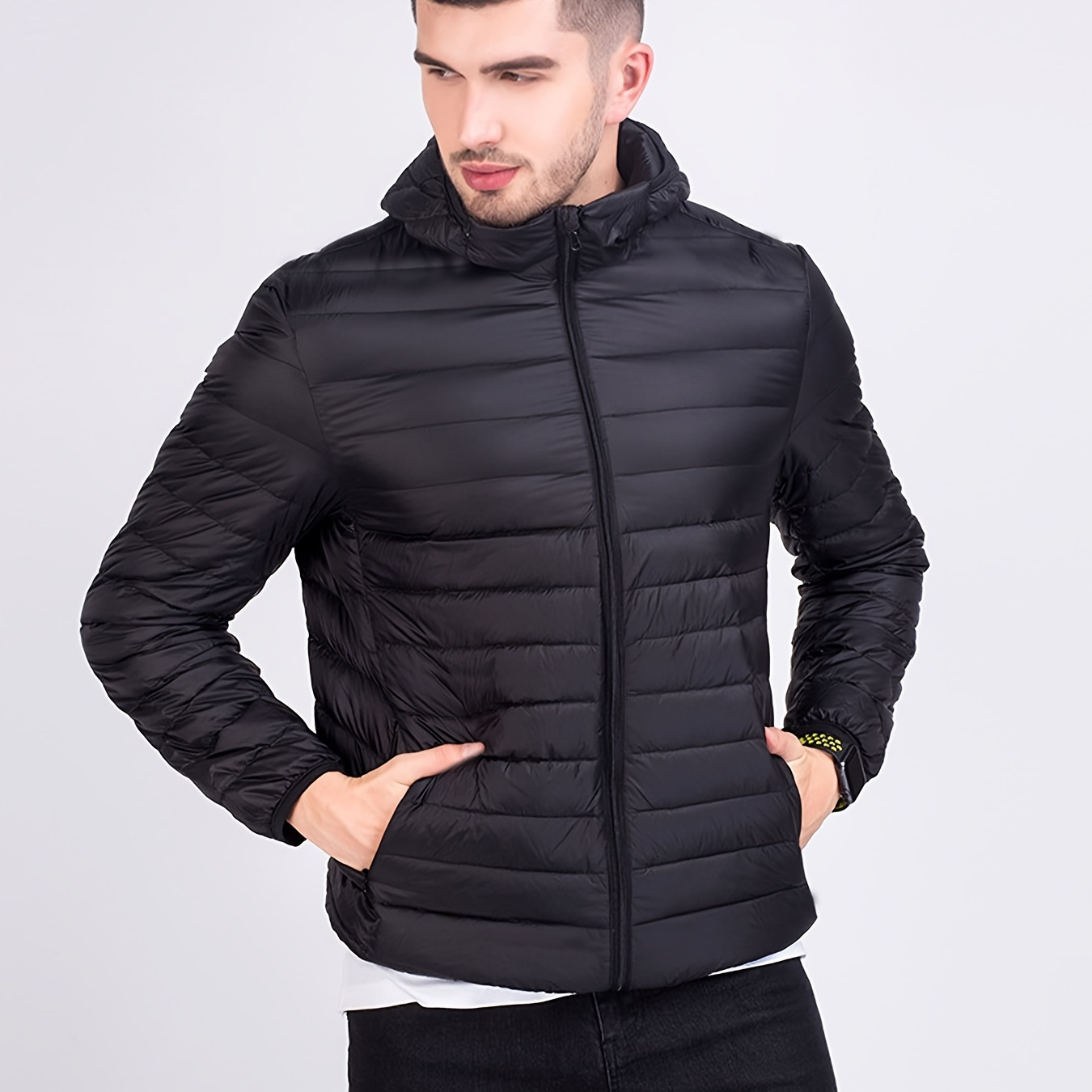 

Men's Lightweight Hooded Solid Color Long Sleeve And Zipper Windbreaker Jacket With Fleece, Casual And Chic Jacket Suitable For Autumn And Winter Outdoors Wear