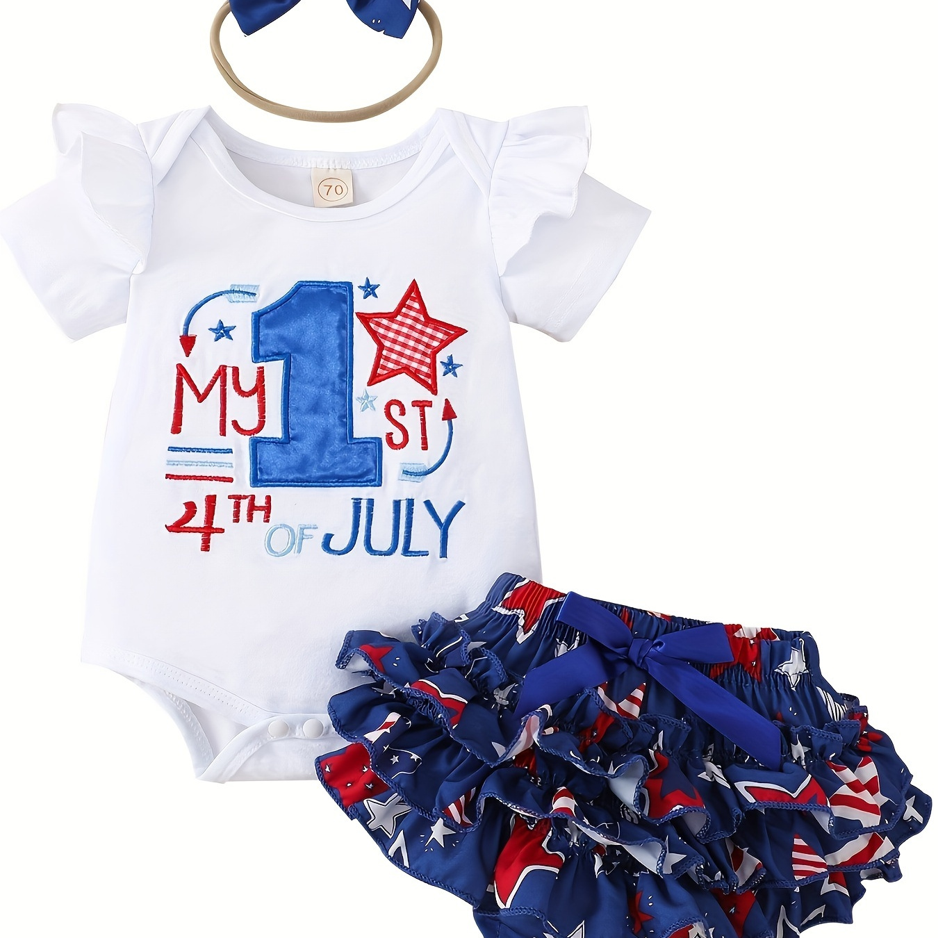 

Baby Girl Romper & Layered Shorts Set, 4th Of July Independence Day Toddler Jumpsuit & Headband & Shorts Outfit