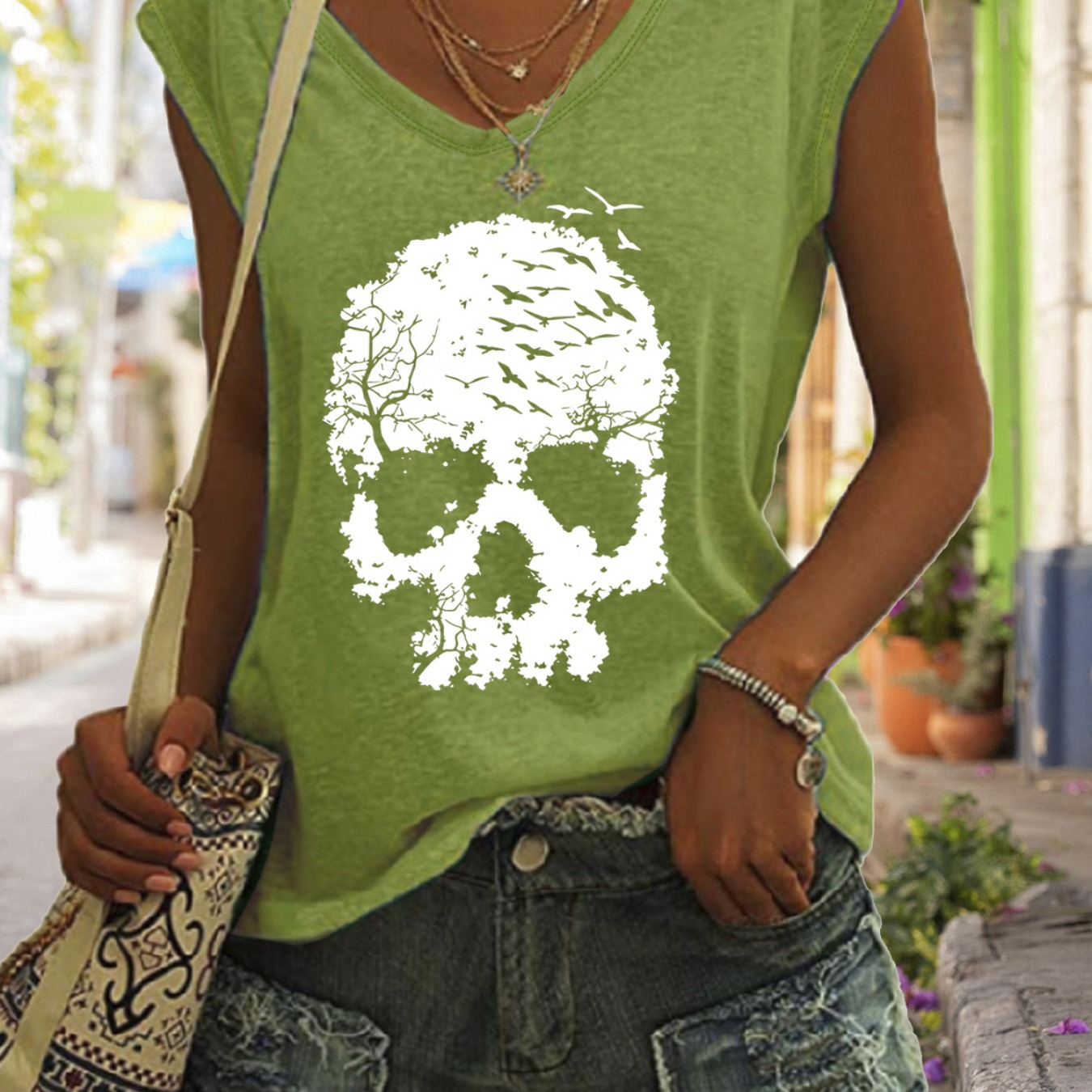 

Skull Print Top, Cap Sleeve Casual Top For Summer & Spring, Women's Clothing