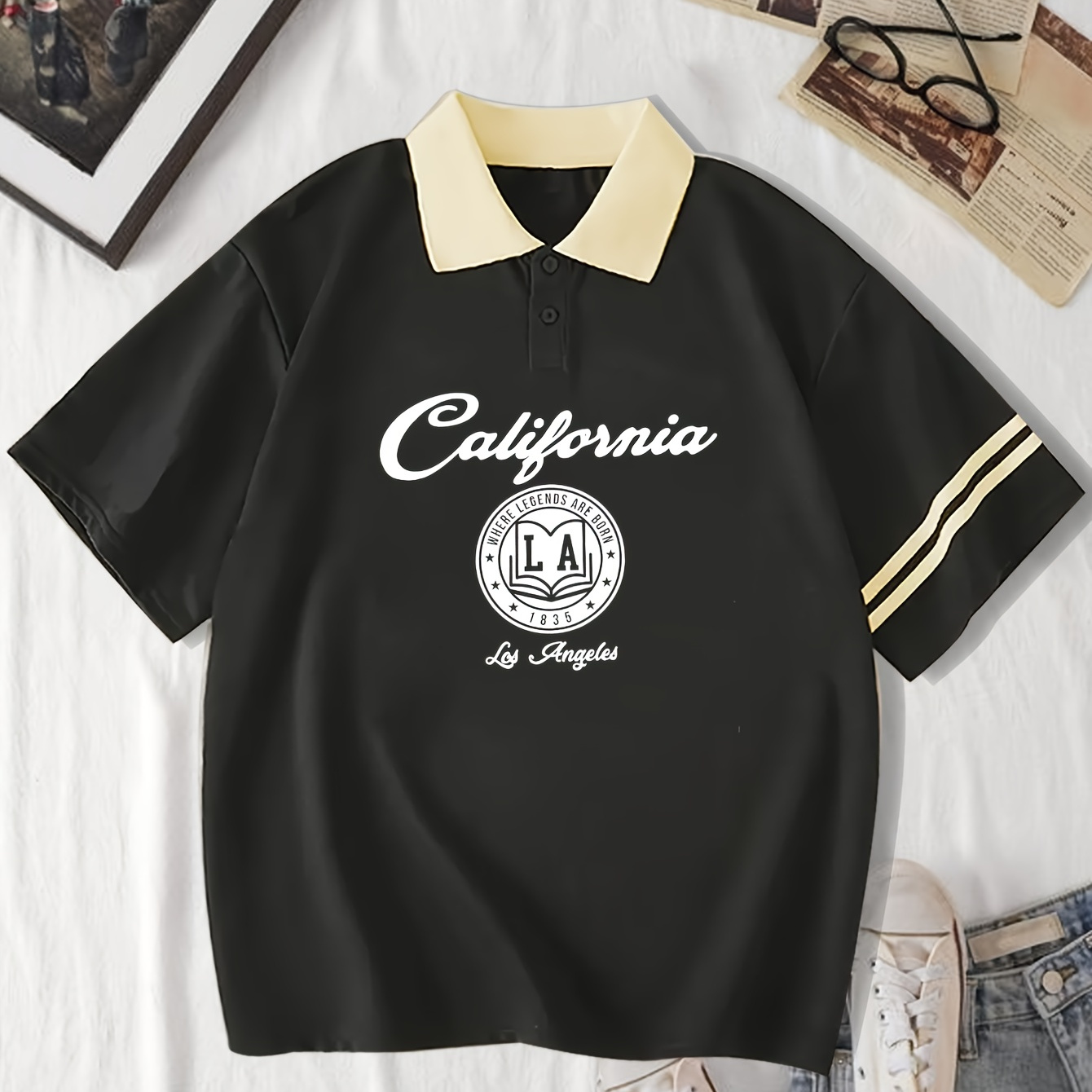 

Los Angeles & California Print Loose Polo Shirt, Fashion Short Sleeve Lapel Sports T-shirt, Women's Activewea