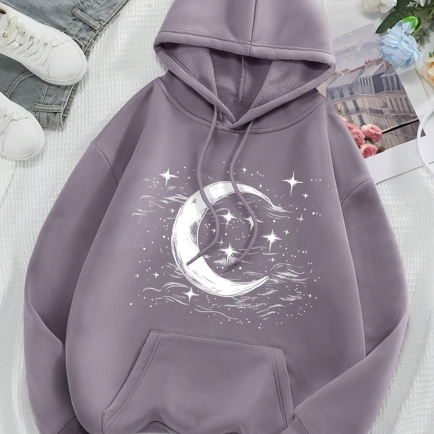 

Women's Lavender Star And Moon Hoodie - Elegant Polyester Knit Sweatshirt With Crescent Design, Adjustable Drawstrings, Fall/ Hoodie