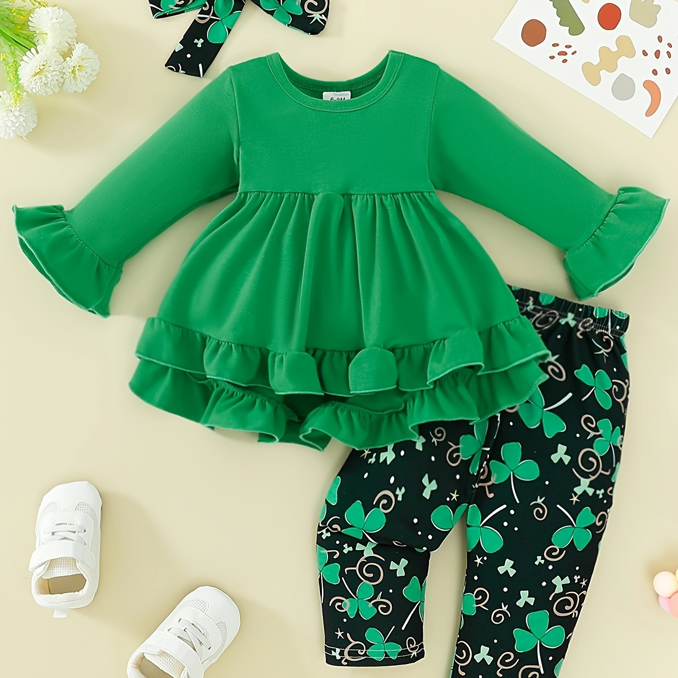 

2pcs Toddler Baby Girls Clover Set, 0-3 Years Old Girl Green Long Sleeve Ruffle Dress + Full Print Green Clover Trousers With Headband Set For Baby Kids St. Patrick's Day