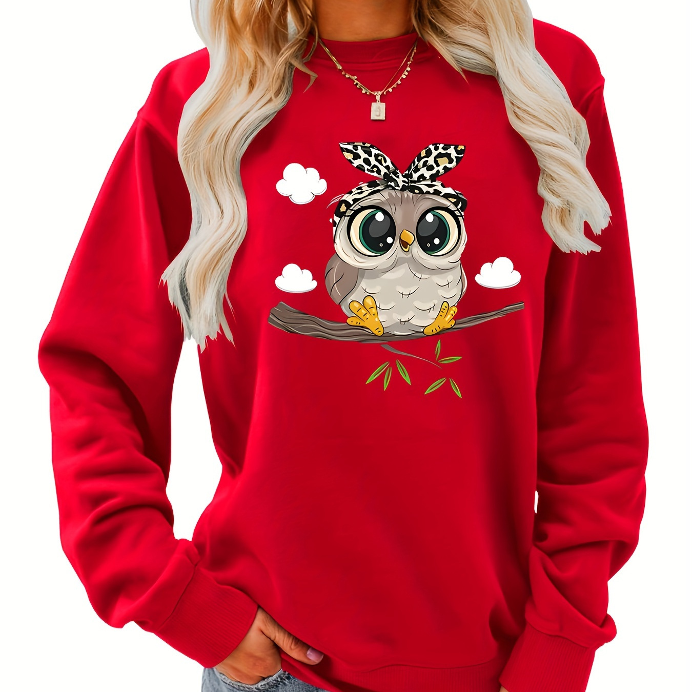 

Women's Casual Crew Neck Owl Print Sweatshirt Long Sleeve Knit Polyester Top For Fall/winter