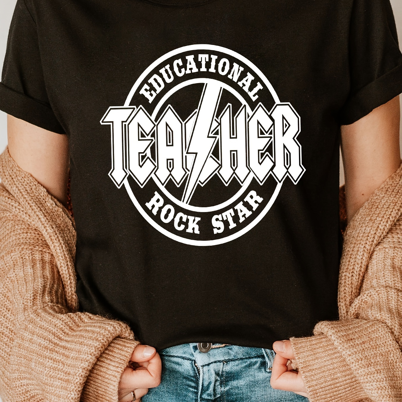 

Teacher Print Crew Neck T-shirt, Short Sleeve Casual Top For Summer & Spring, Women's Clothing
