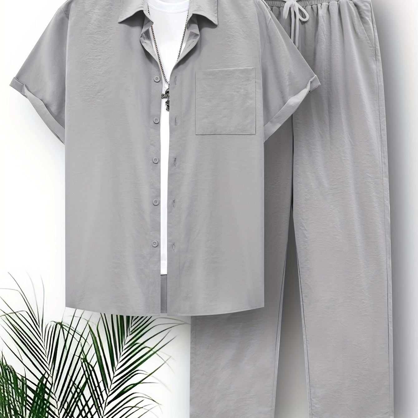 TEMU Plus Size Men's Solid Shirt & Pants Set For Summer, Outdoor 2pcs Outfits