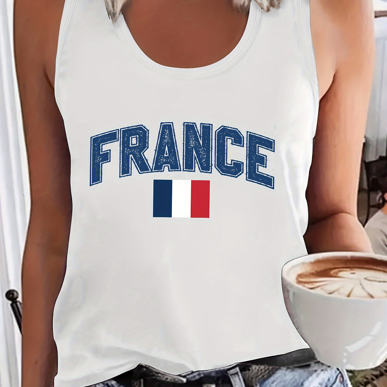 

France Print Crew Neck Tank Top, Sleeveless Casual Top For Summer & Spring, Women's Clothing