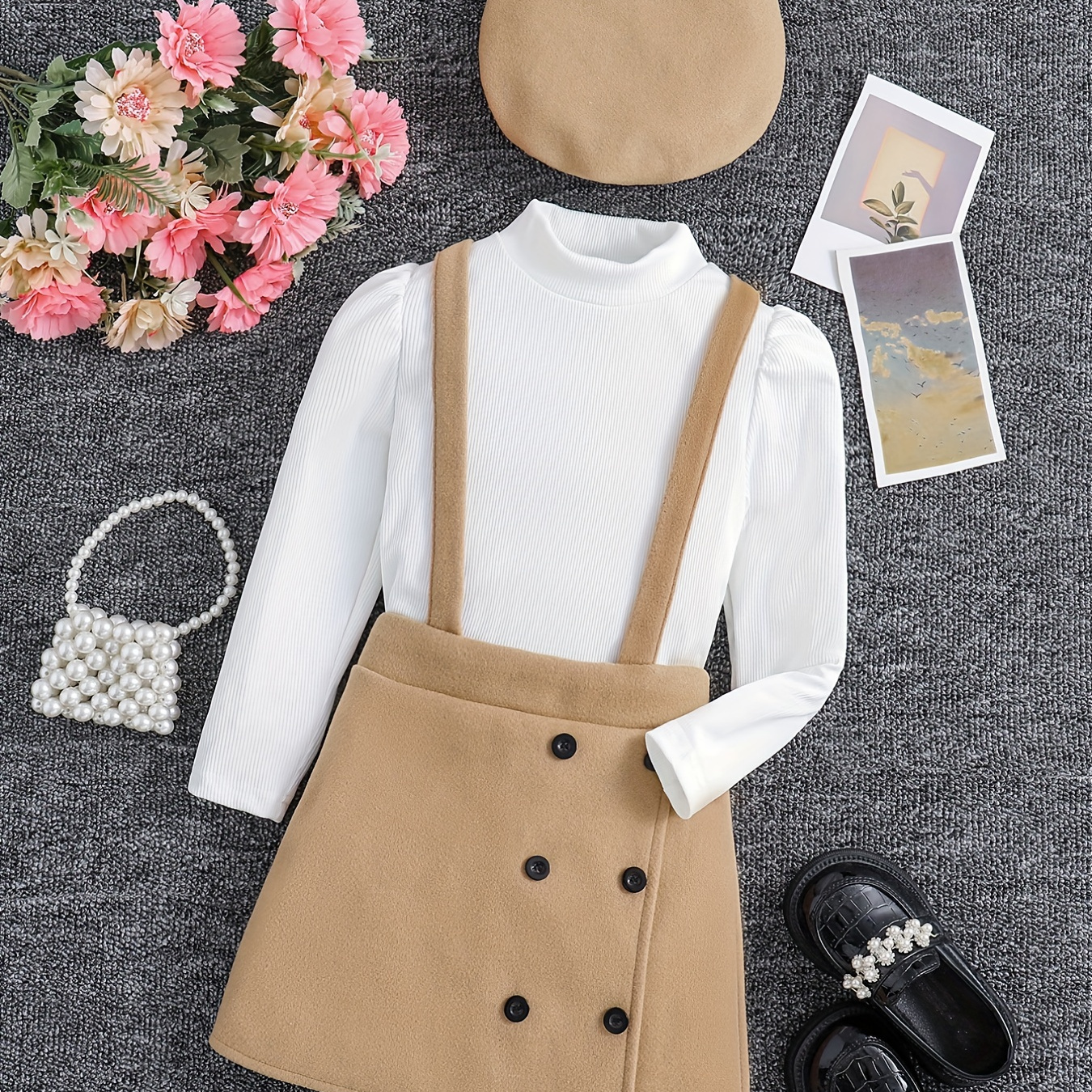 

Casual Long Sleeve Top & Suspender Skirt Girl's Two-piece Set With Hat, Spring Autumn Winter Daily Dress Up