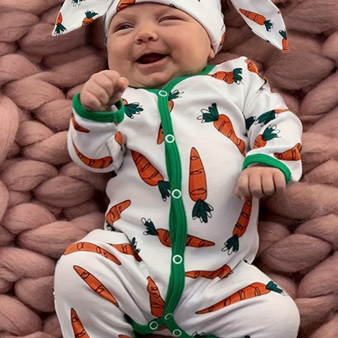 

Baby Boys And Girls Spring And Autumn Easter Carrot Print One-piece Jumpsuit Romper + Rabbit Ears Hat Two-piece Set