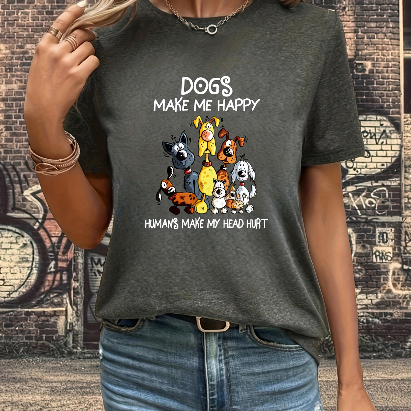 

Cute Dog & Slogan Print Summer T-shirt, Casual Short Sleeve Crew Neck Top, Women's Clothing