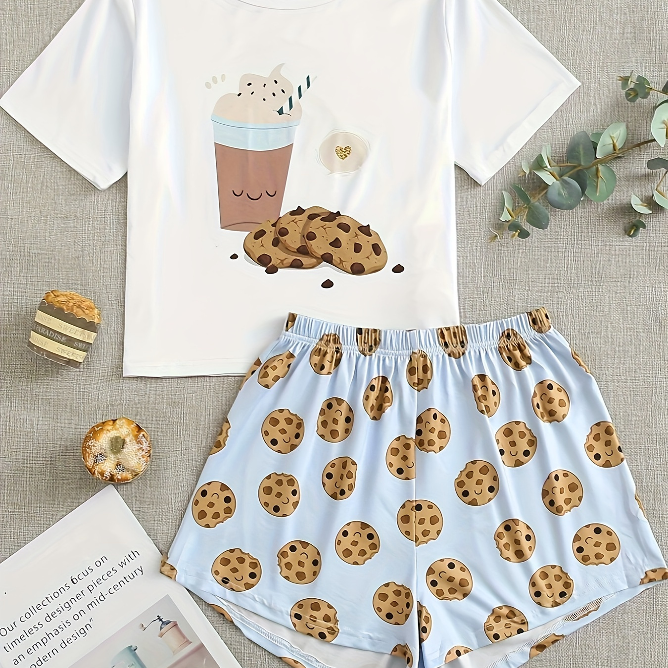 

Women's Cookie & Coffee Print Casual Pajama Set, Short Sleeve Round Neck Top & Shorts, Comfortable Relaxed Fit