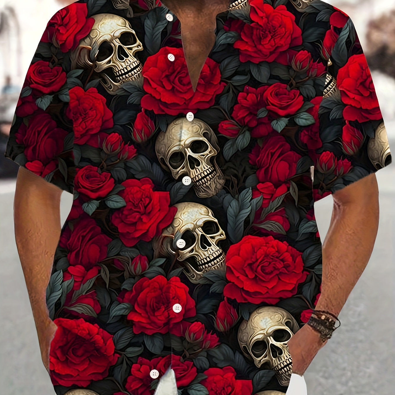 

Plus Size Men's 3d Skull And Roses Print Vintage Button-down Short Sleeve Shirt