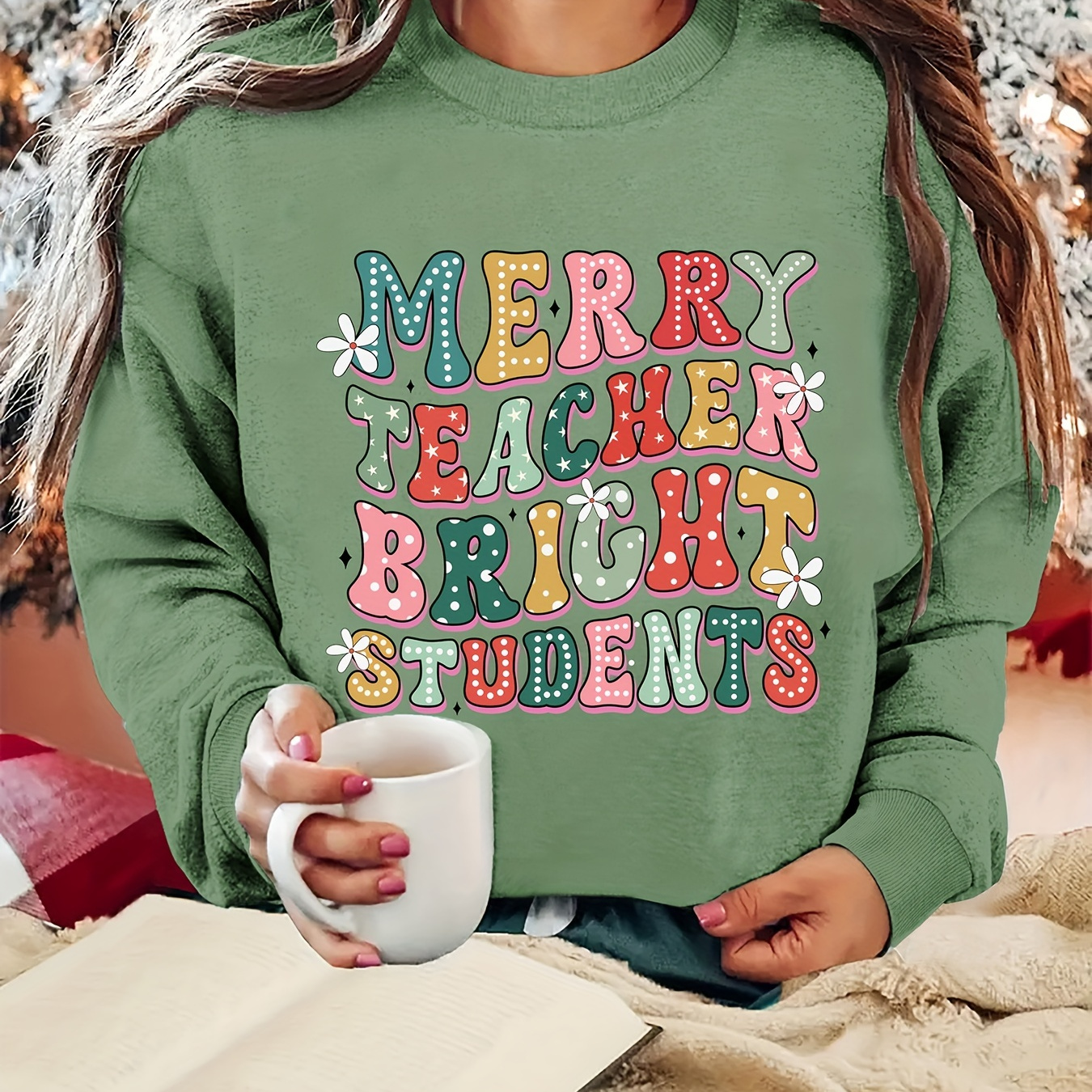 

Merry Teacher Bright Students Sweatshirt, 100% Polyester Casual Crew Neck Knit Pullover, Christmas Pattern, Fall/winter Women' Top