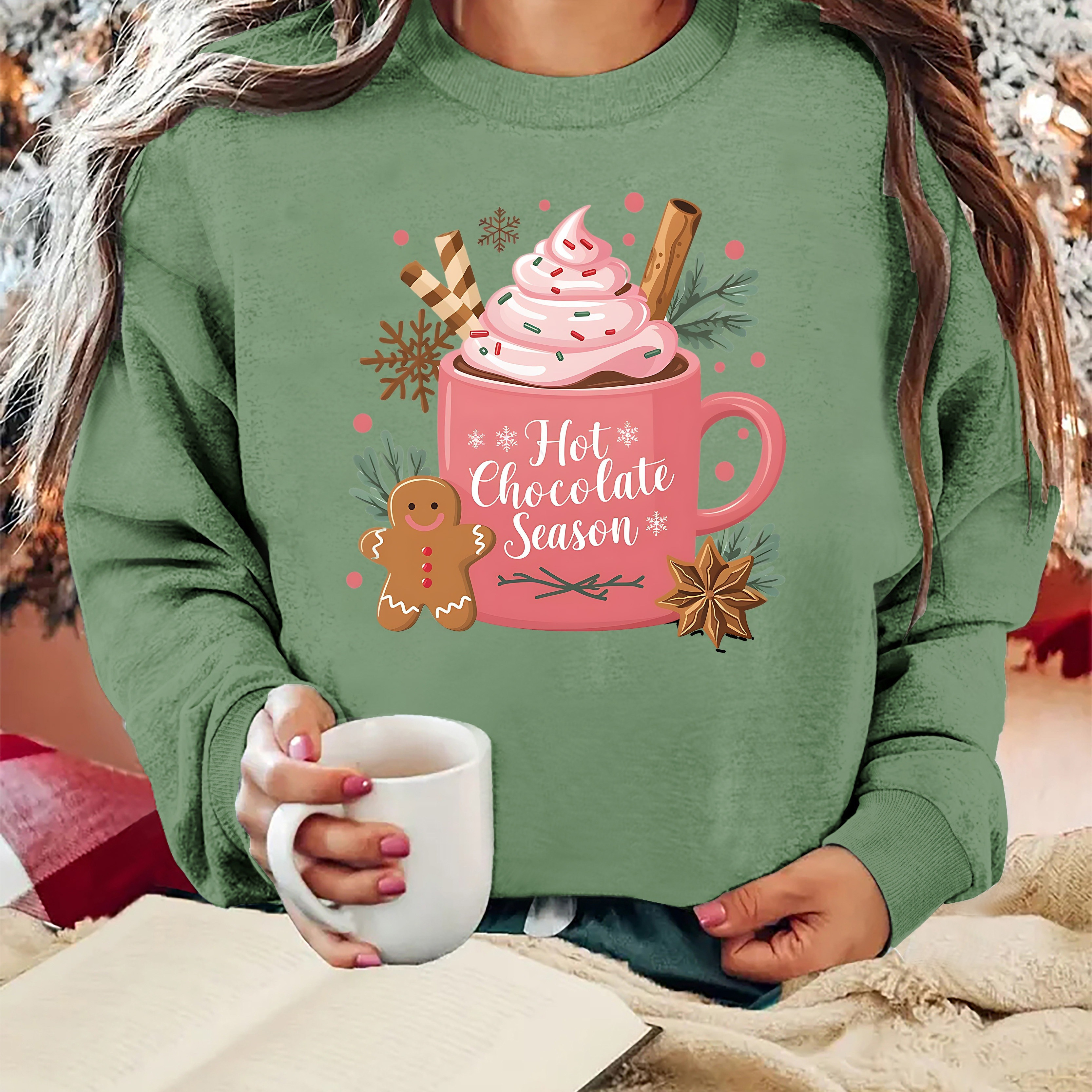 

Christmas Gingerbread Hot Chocolate Sweatshirt - Casual Round Neck Pullover Hoodie, Polyester Knit Fabric, Holiday Design For Women, Fall/winter Season