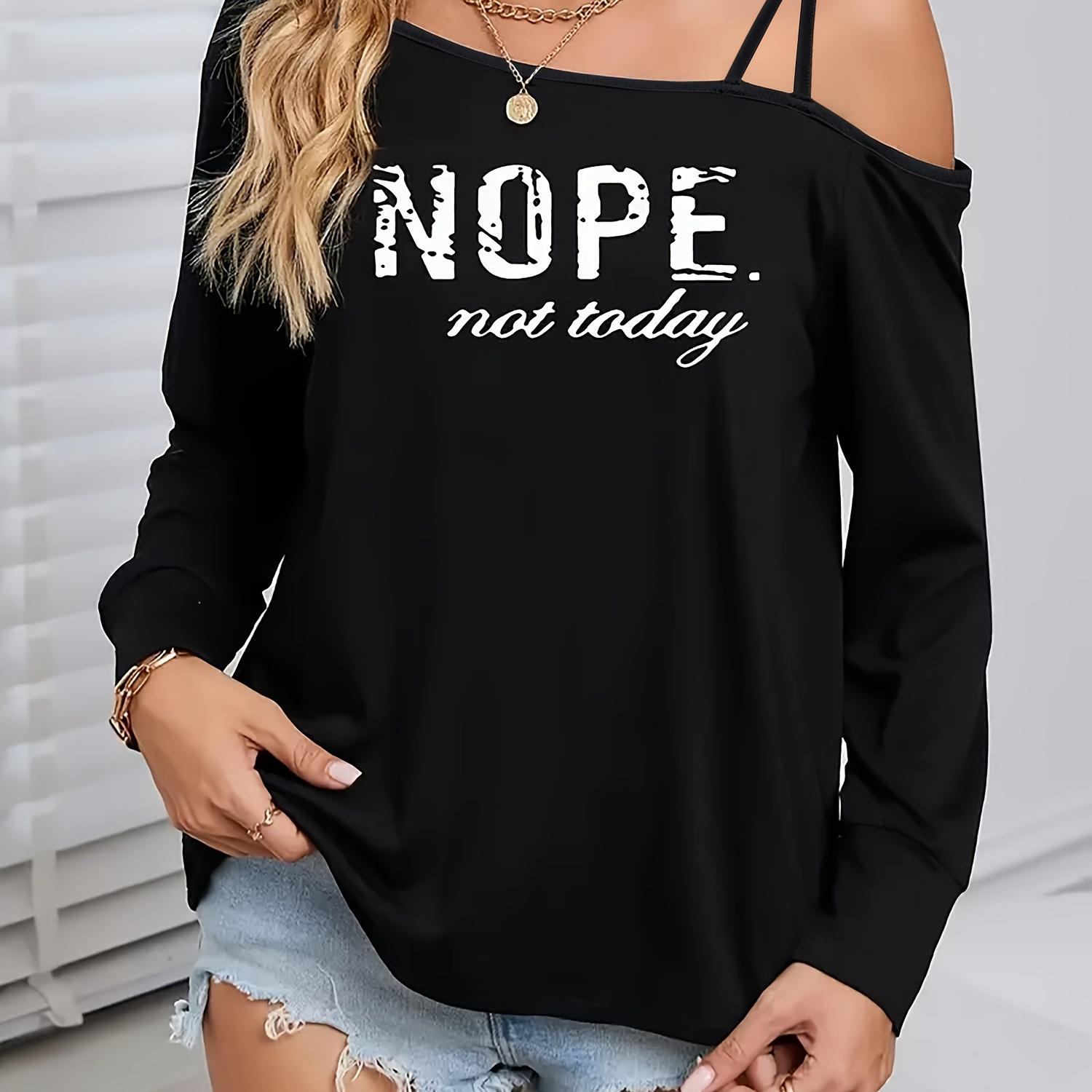 

Nope Print Cold Shoulder T-shirt, Casual Long Sleeve Top For Spring & Fall, Women's Clothing