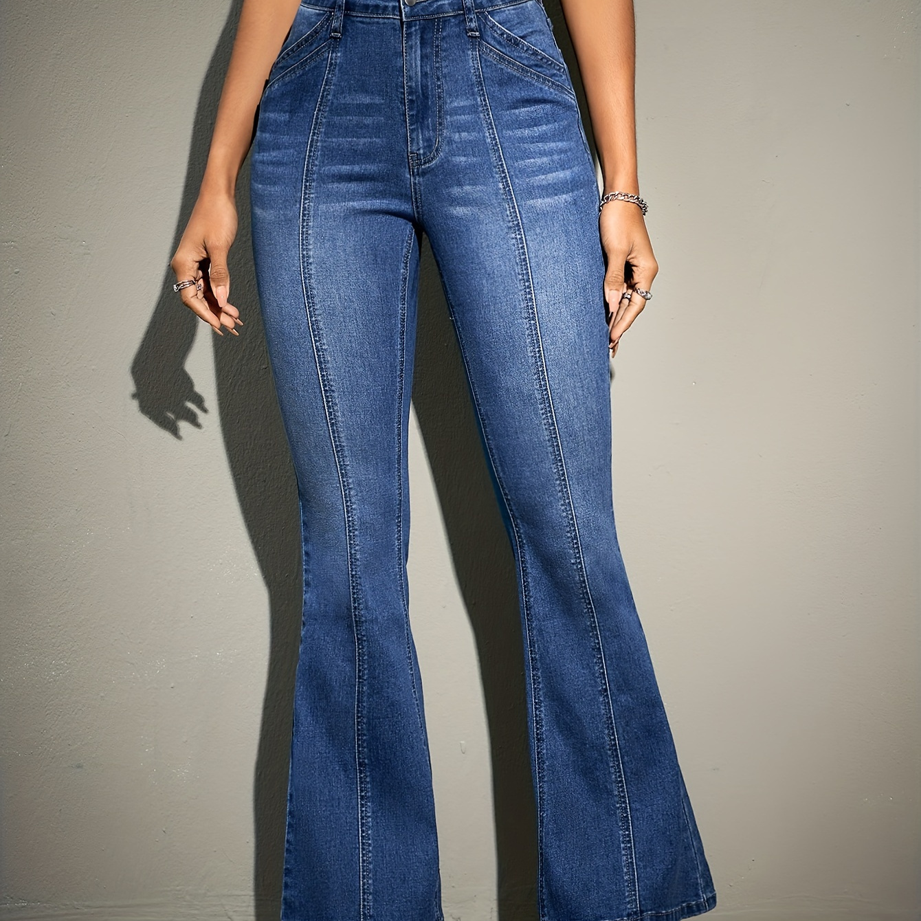 

Blue Water Ripple Embossed Flare Jeans, Slant Pockets High Stretch Versatile Bell Bottom Jeans, Women's Denim Jeans & Clothing