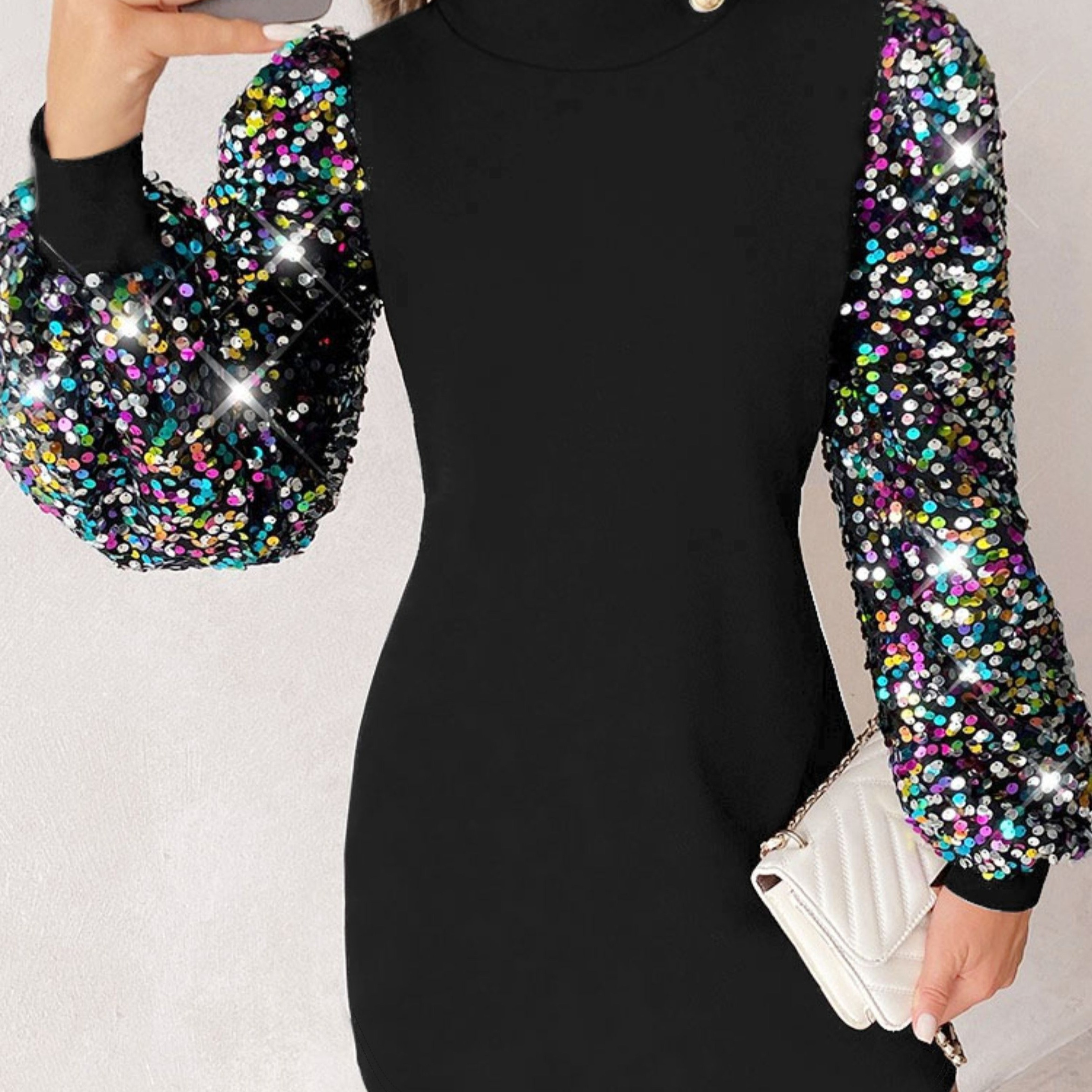 

Elegant Sequin-embellished Mock Neck Dress For Women - Long Sleeve, Stretchy Polyester , Spring/fall