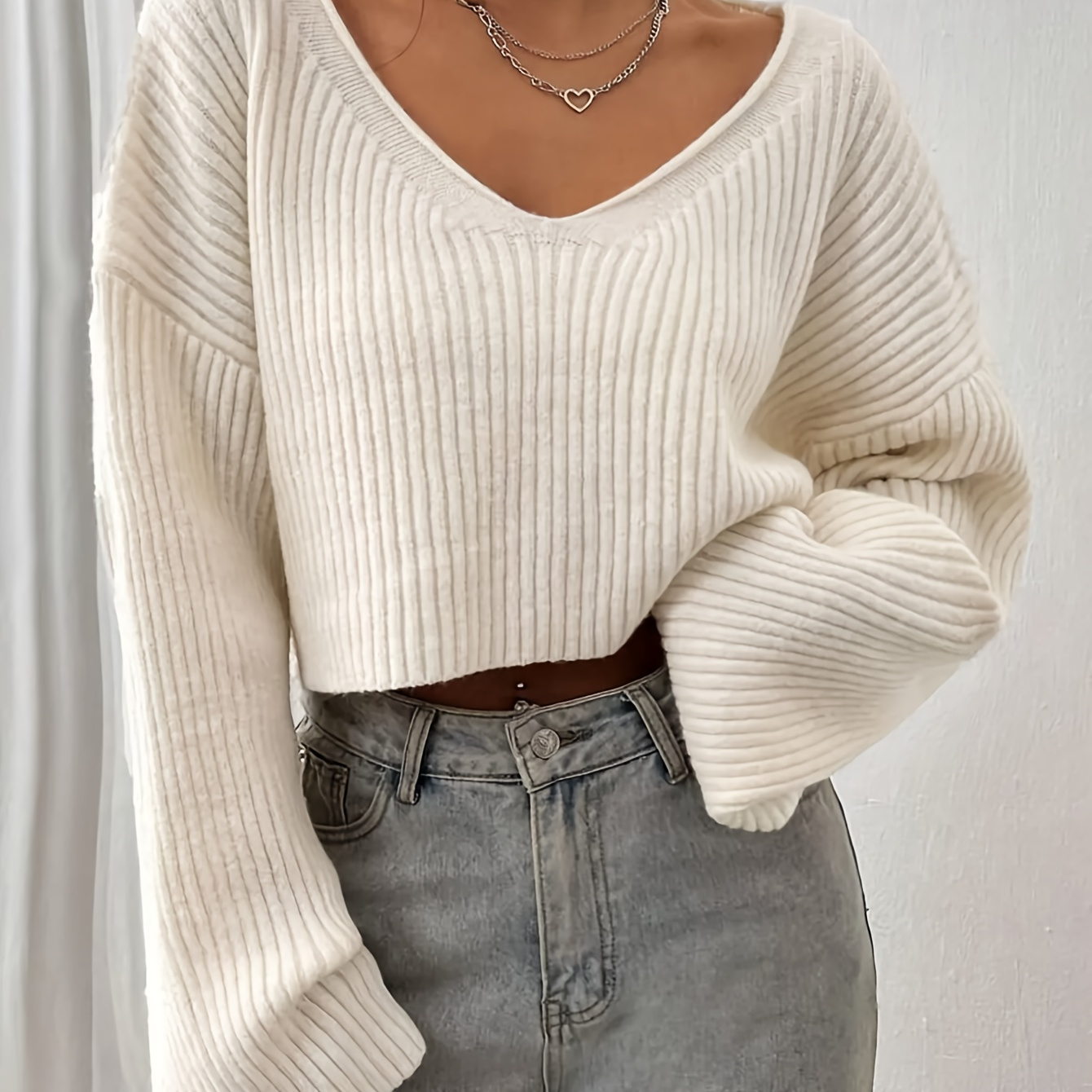 

Women's Casual Off-shoulder Cropped Ribbed Knit Sweater - 100% Polyester V-neck Pullover For Fall/winter