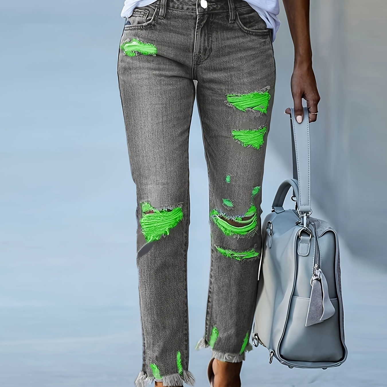 

Green Ripped Detail Raw Hem Distressed Streetwear Denim Pants, Women's Denim Jeans & Clothing