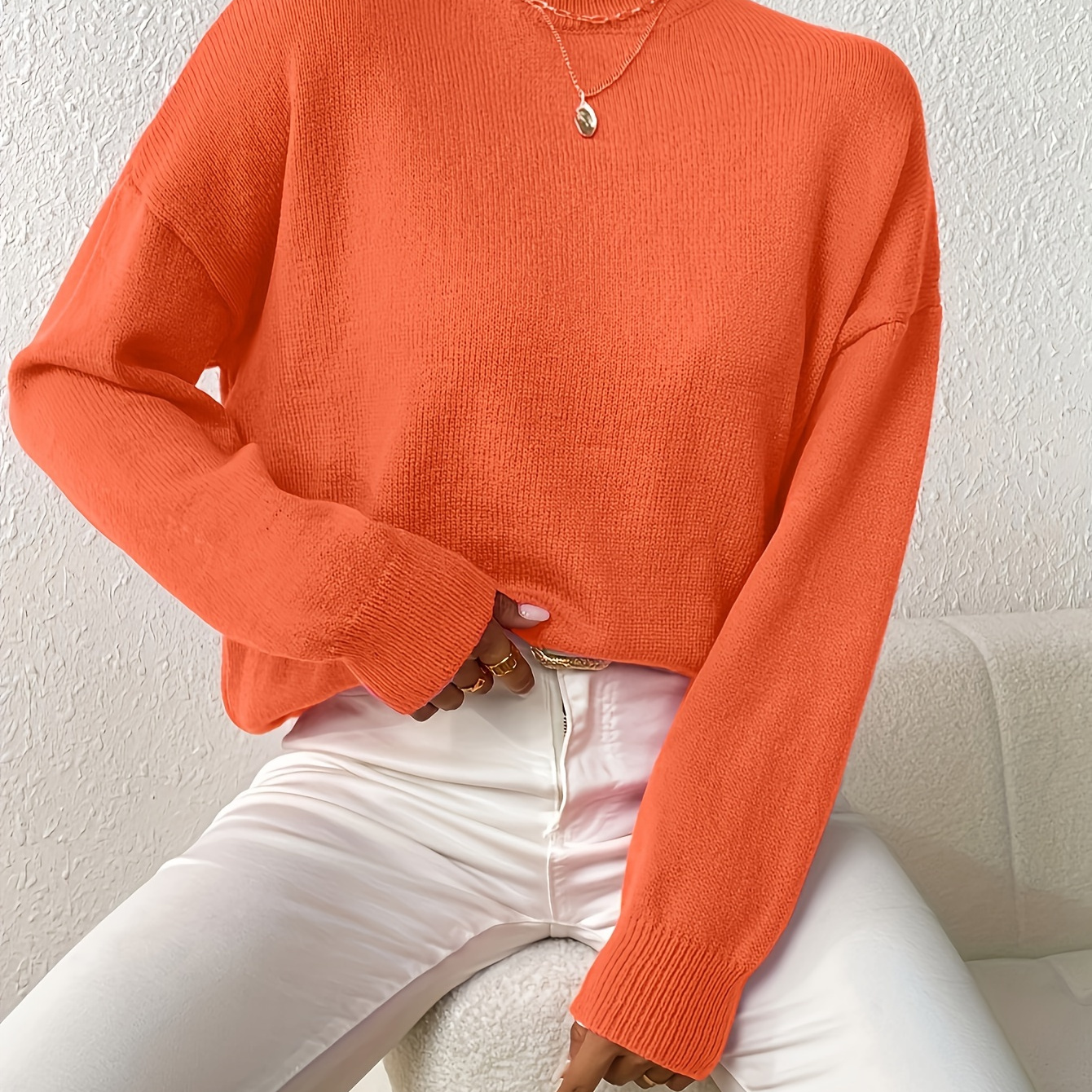

Solid Color Mock Neck Pullover Sweater, Casual Long Sleeve Knitted Sweater For Fall & Winter, Women's Clothing