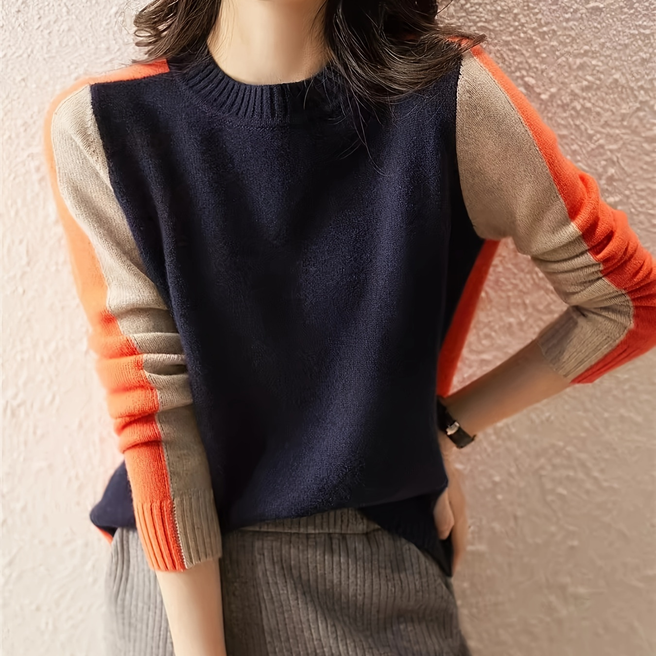 

Women's Color Block Knit Pullover Sweater - Casual Crew Neck Long Sleeve Medium Stretch Viscose Blend Top For All Seasons